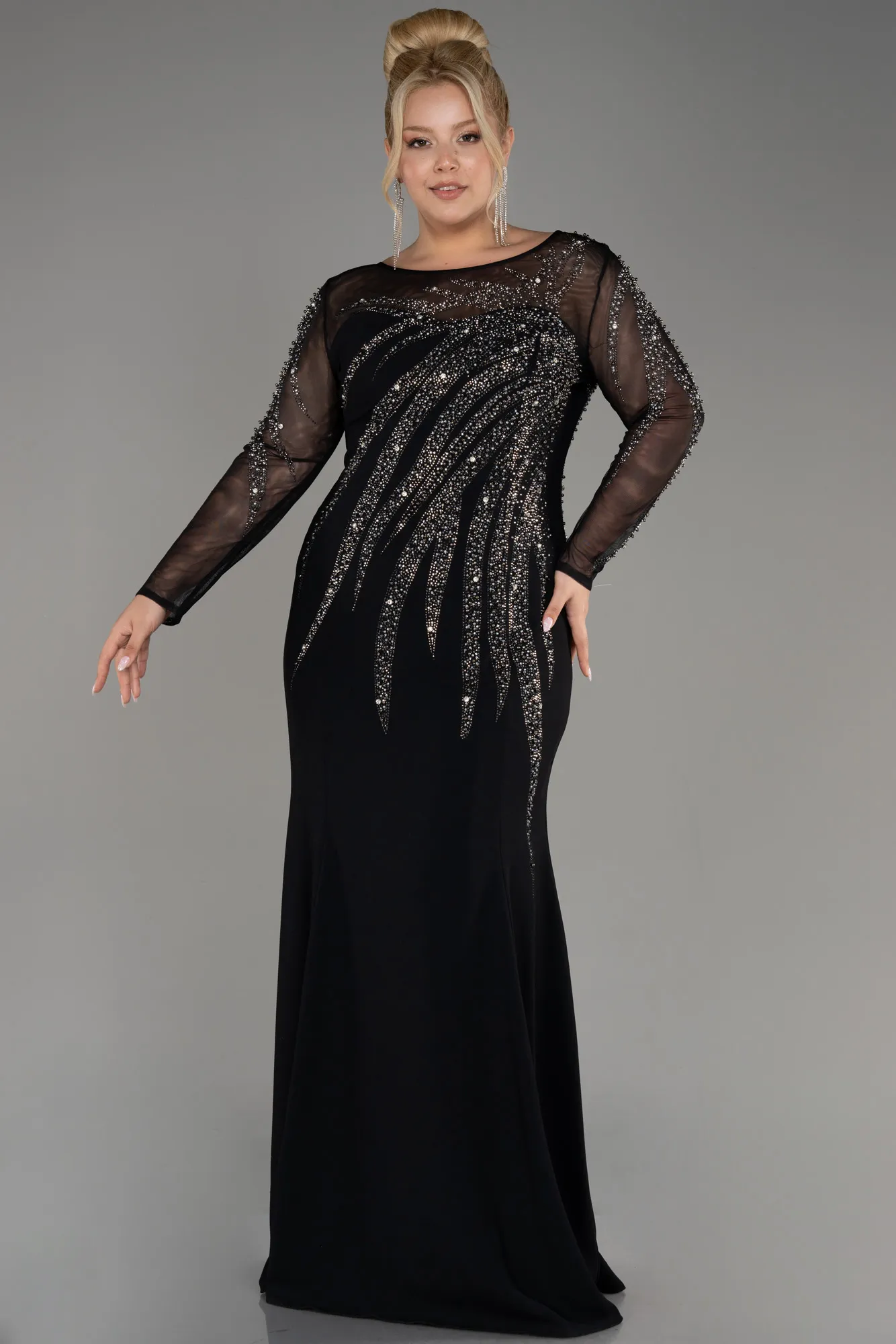 Black-Stoned Long Sleeve Plus Size Evening Gown ABU3928