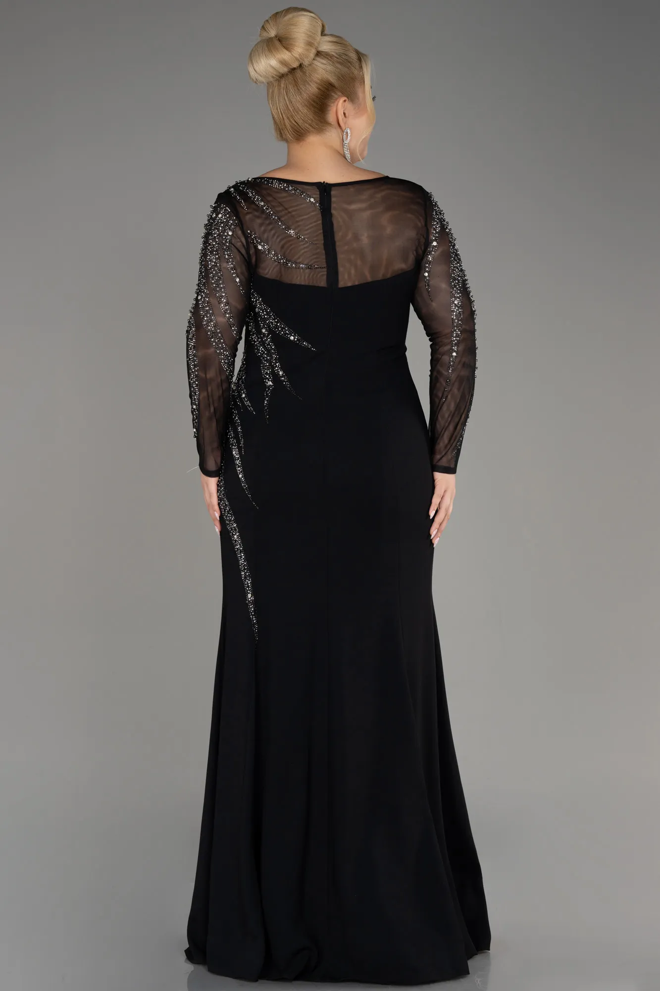 Black-Stoned Long Sleeve Plus Size Evening Gown ABU3928