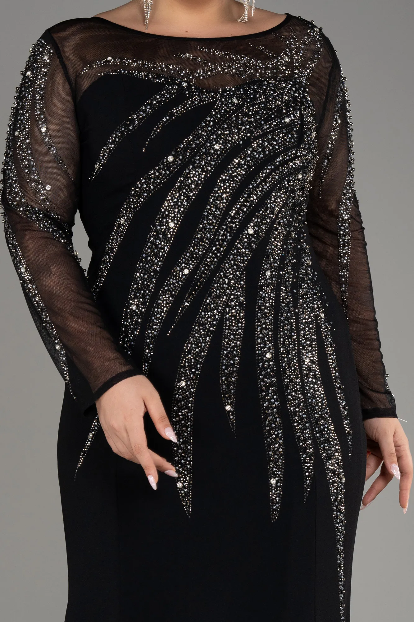 Black-Stoned Long Sleeve Plus Size Evening Gown ABU3928