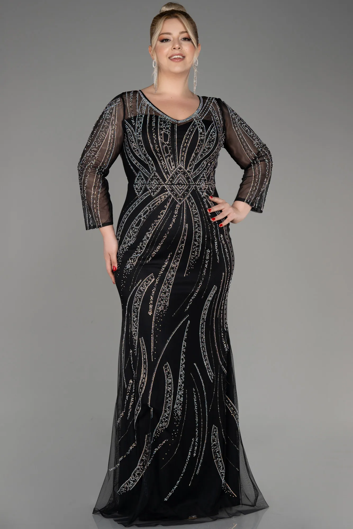 Black-Stoned Long Sleeve Plus Size Evening Gown ABU3935