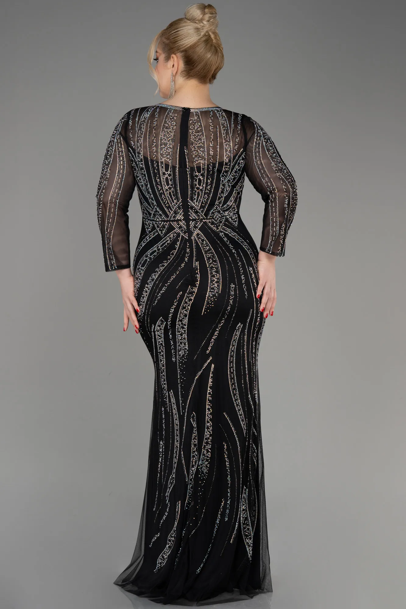 Black-Stoned Long Sleeve Plus Size Evening Gown ABU3935