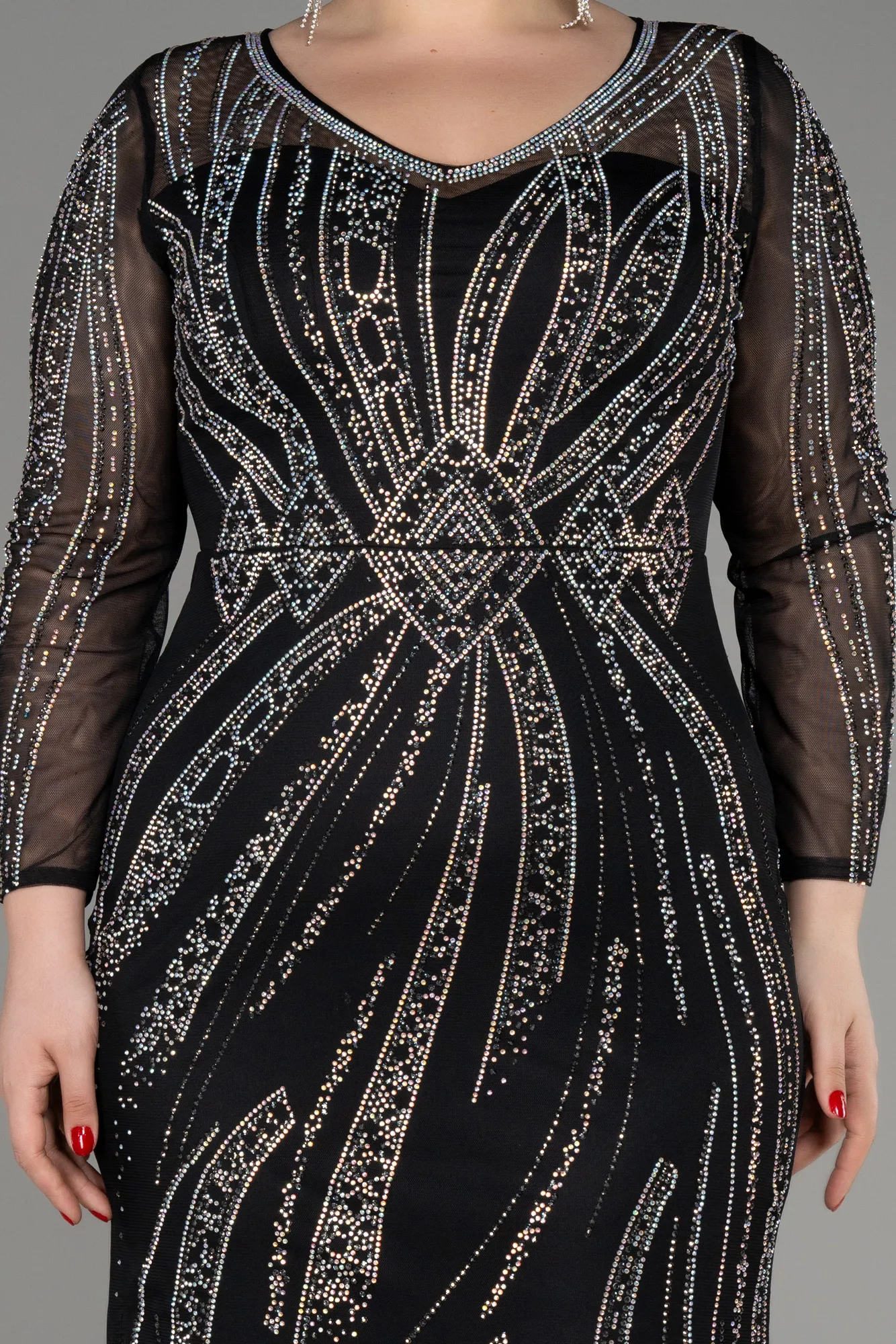 Black-Stoned Long Sleeve Plus Size Evening Gown ABU3935