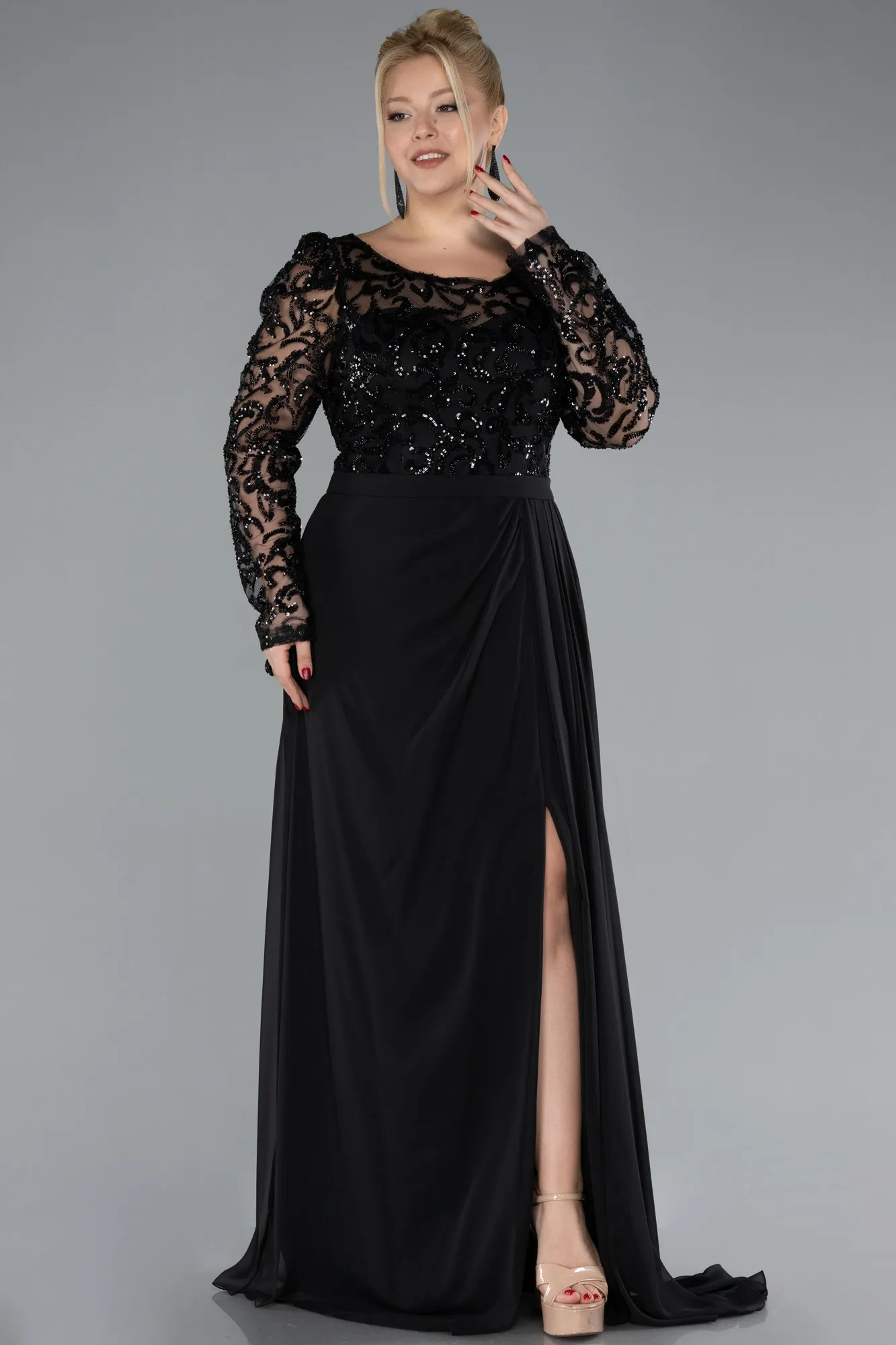 Black-Stoned Long Sleeve Slit Chiffon Plus Size Evenin Gown ABU4506