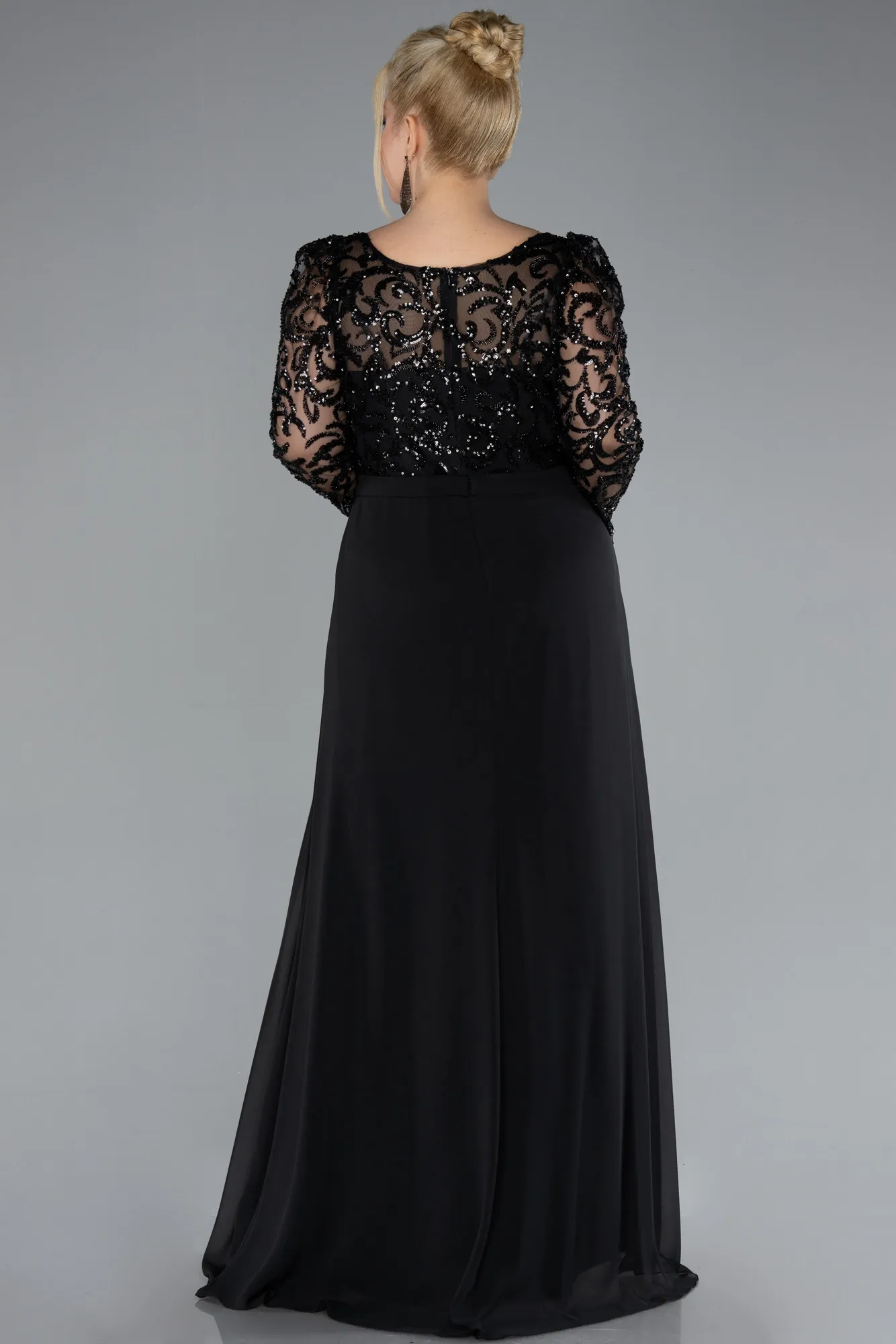 Black-Stoned Long Sleeve Slit Chiffon Plus Size Evenin Gown ABU4506