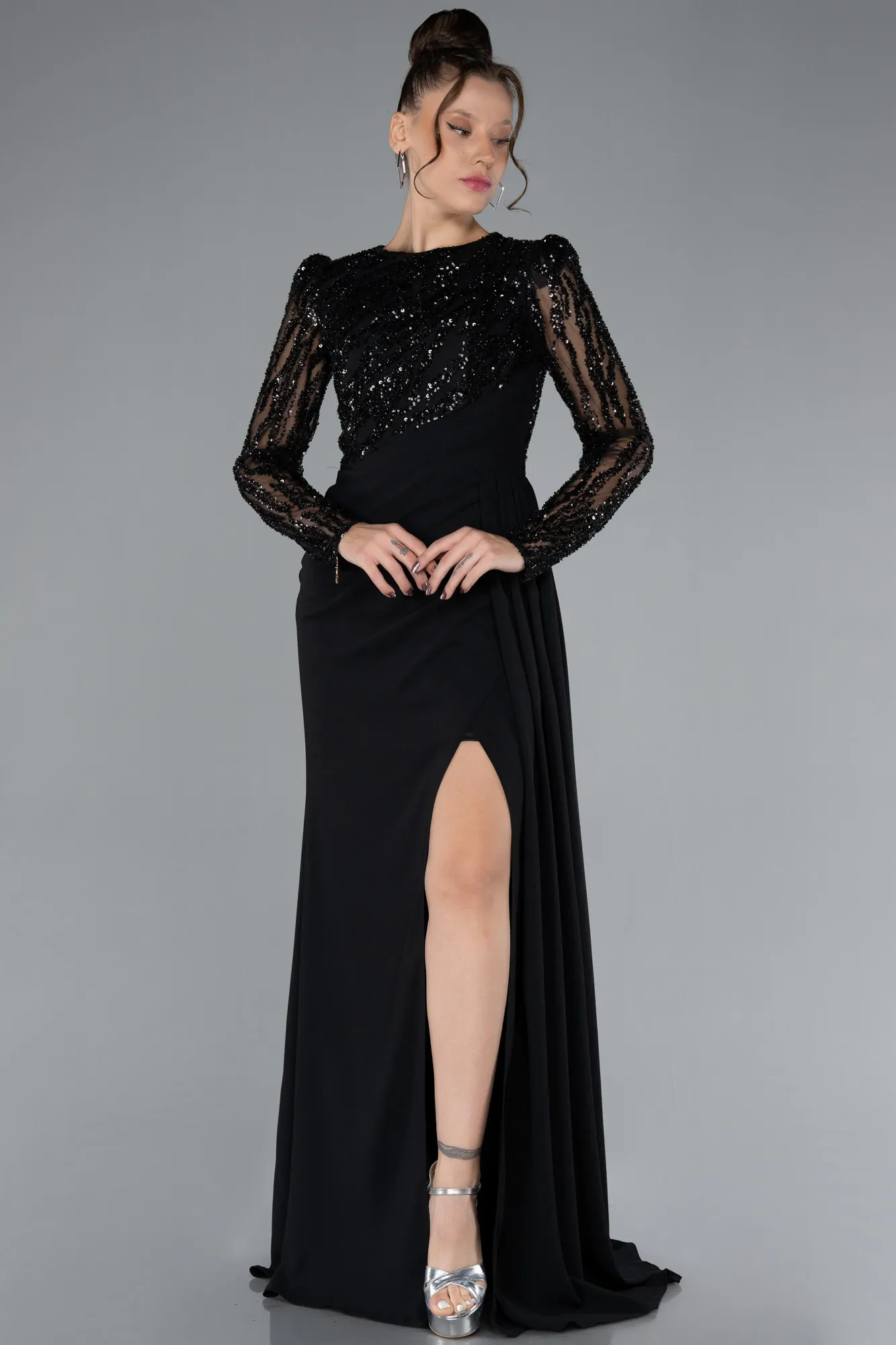 Black-Stoned Long Sleeve Slit Evening Gown ABU4310