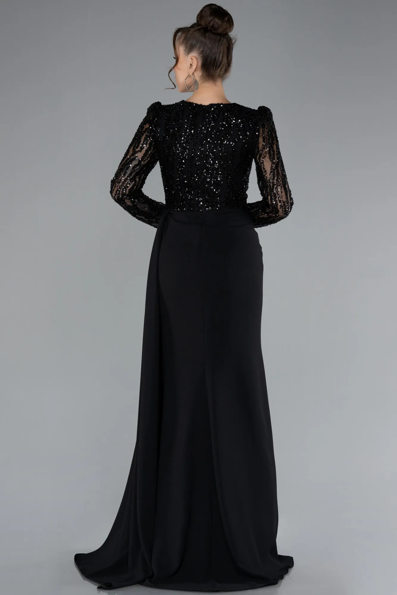 Black-Stoned Long Sleeve Slit Evening Gown ABU4310