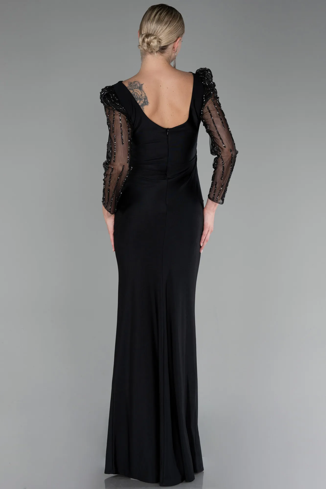 Black-Stoned Long Sleeve Slit Plus Size Evening Gown ABU4119