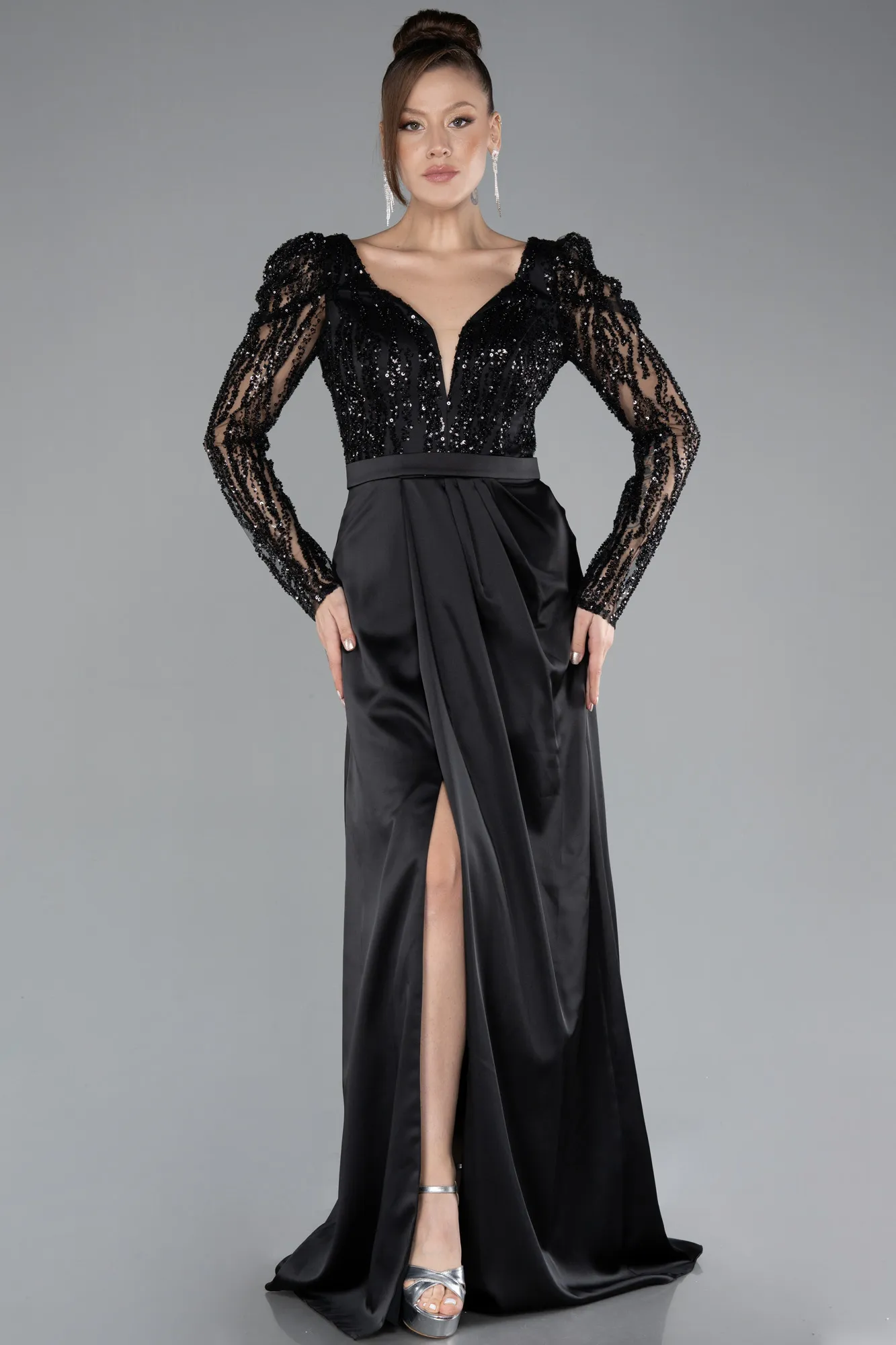 Black-Stoned Long Sleeve Slit Satin Evening Gown ABU4499