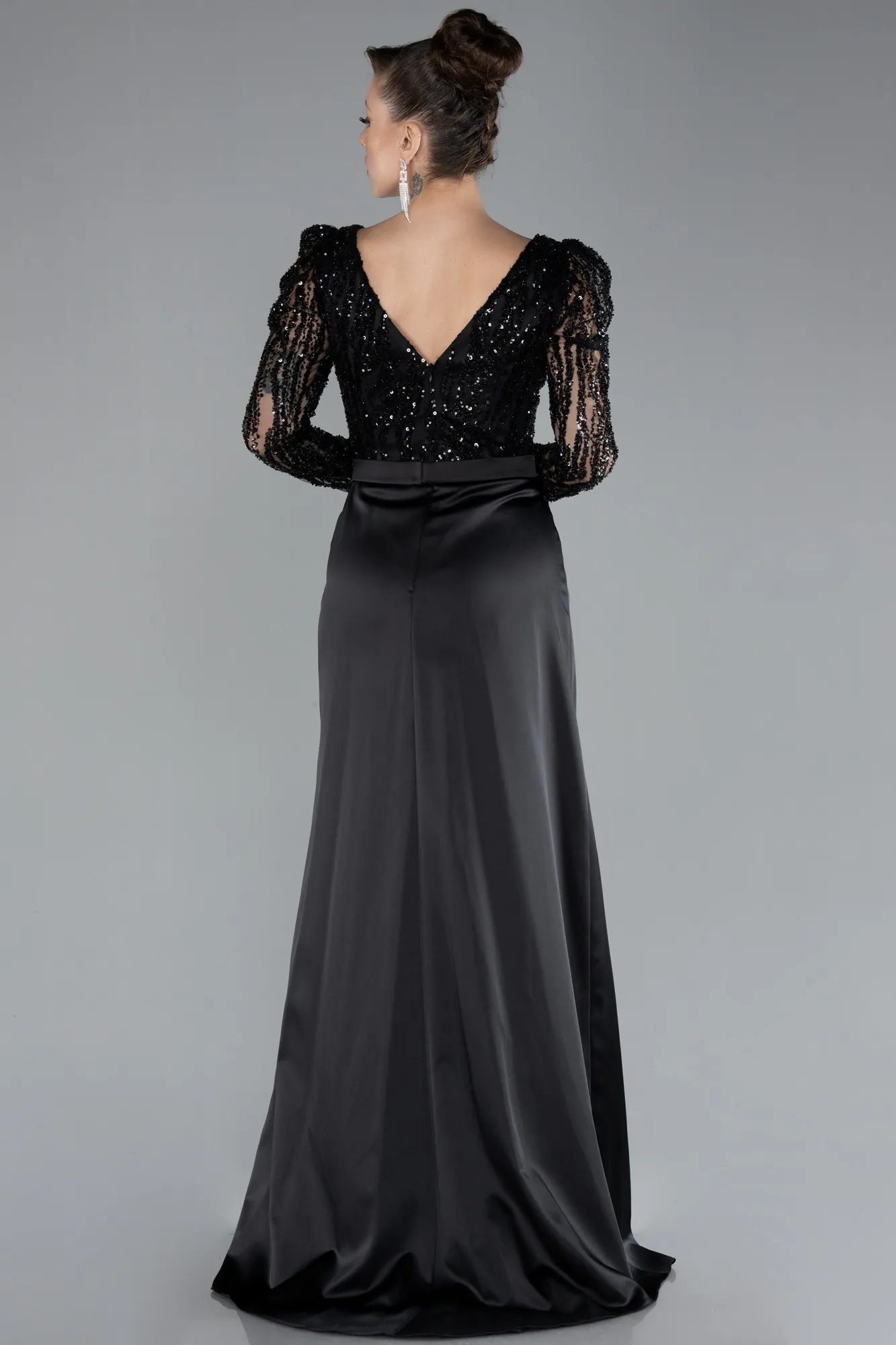 Black-Stoned Long Sleeve Slit Satin Evening Gown ABU4499