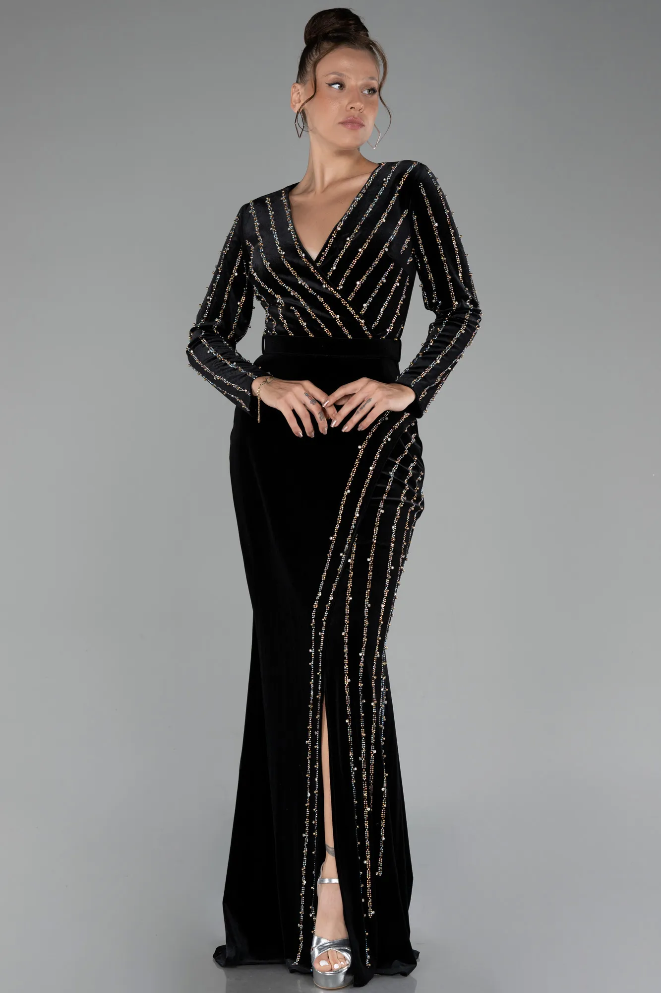 Black-Stoned Long Sleeve Velvet Evening Dress ABU4282