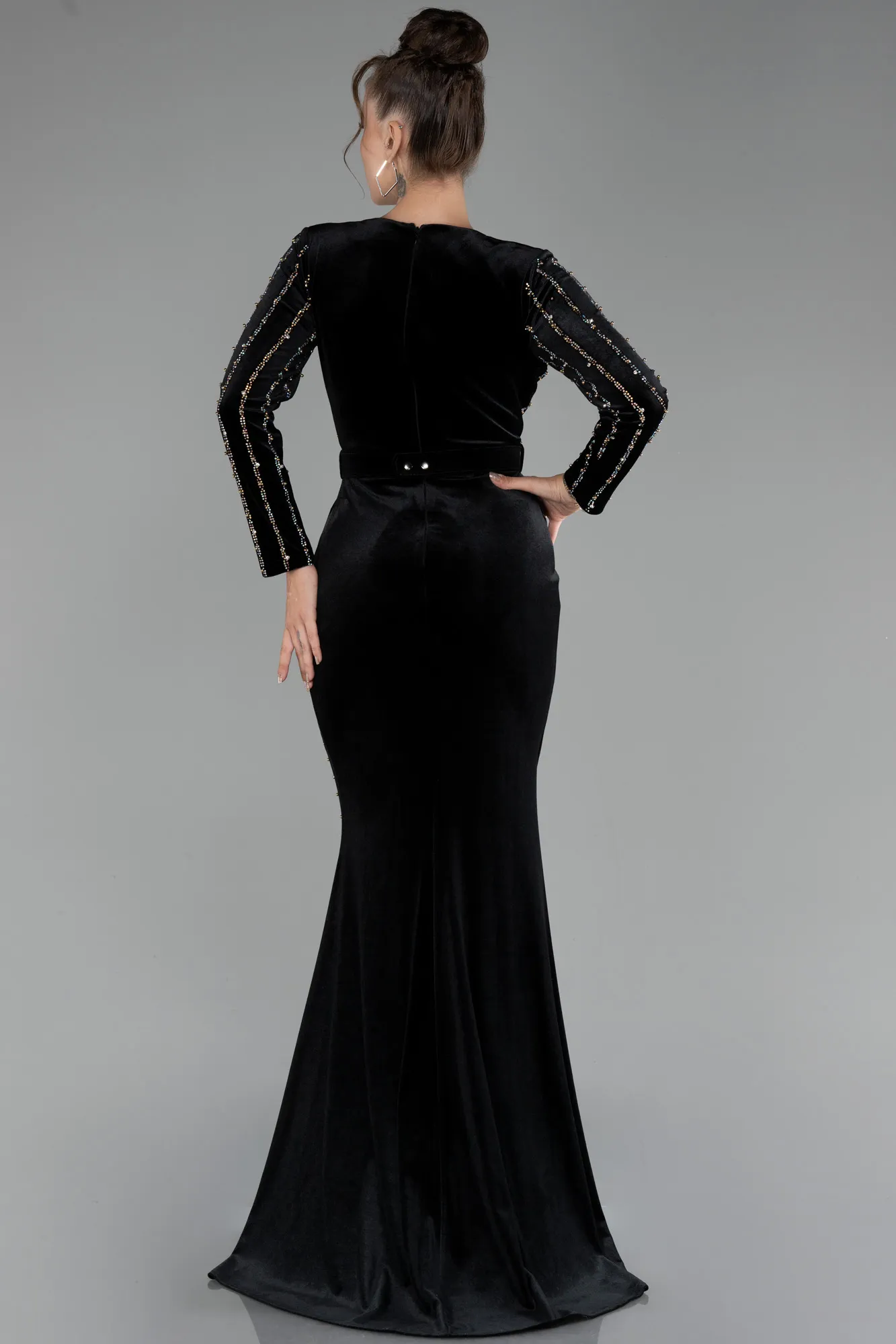 Black-Stoned Long Sleeve Velvet Evening Dress ABU4282