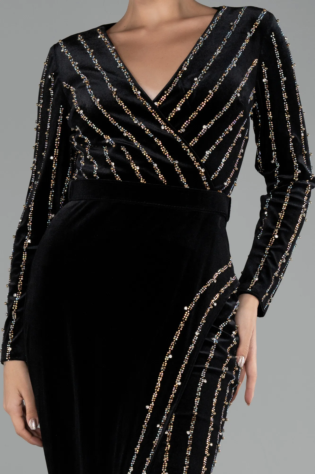 Black-Stoned Long Sleeve Velvet Evening Dress ABU4282