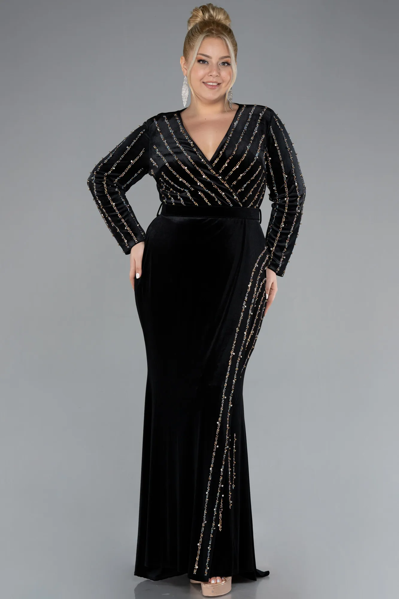 Black-Stoned Long Sleeve Velvet Oversized Evening Dress ABU4277