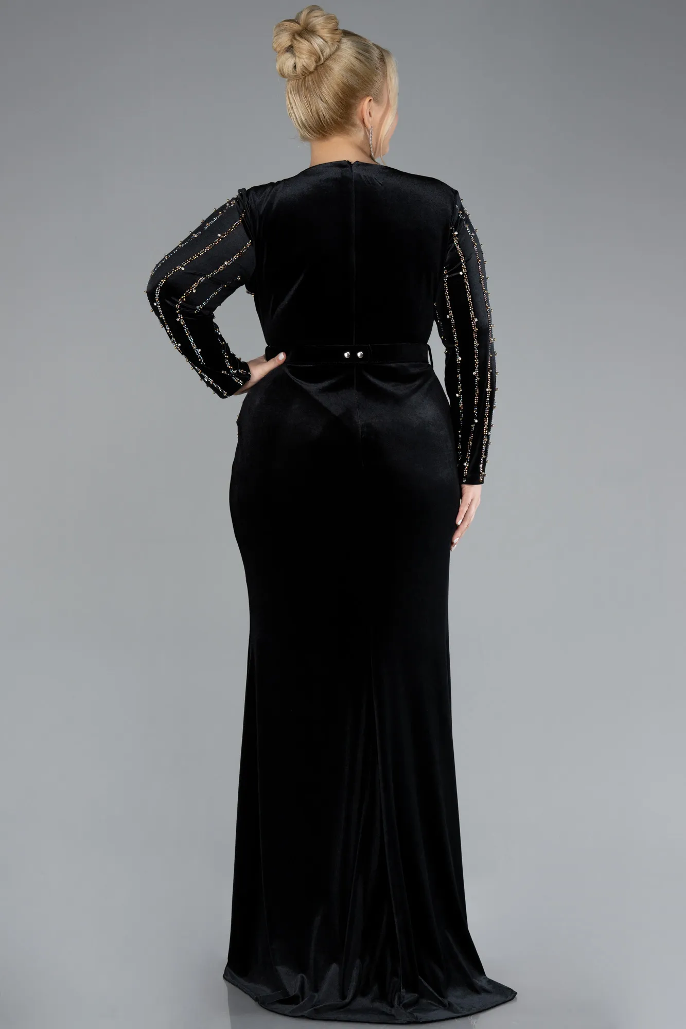 Black-Stoned Long Sleeve Velvet Oversized Evening Dress ABU4277