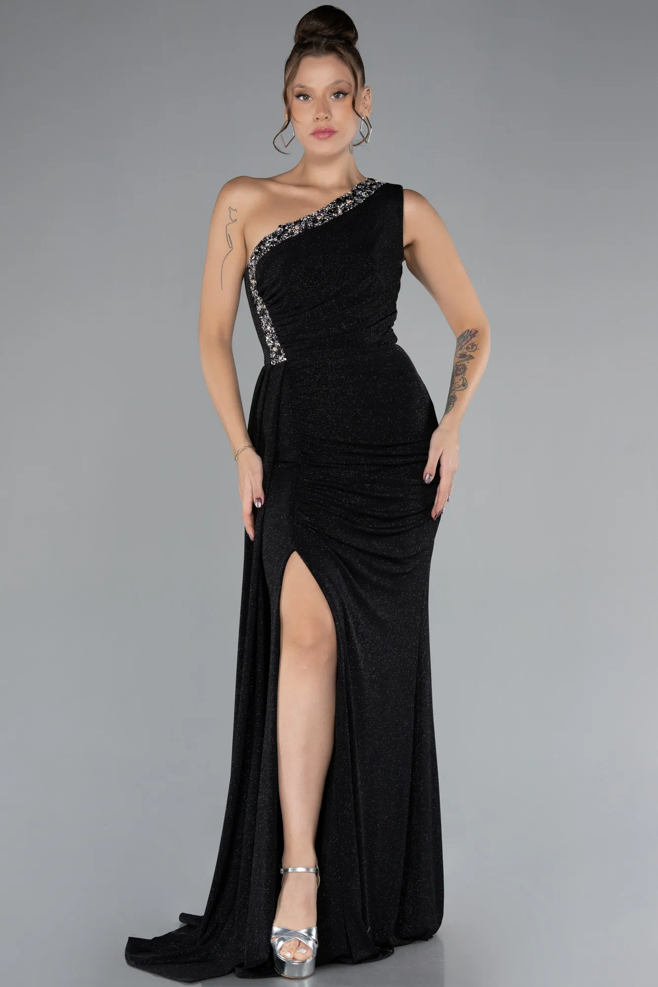 Black-Stoned One Shoulder Slit Long Glitter Evening Gown ABU4307