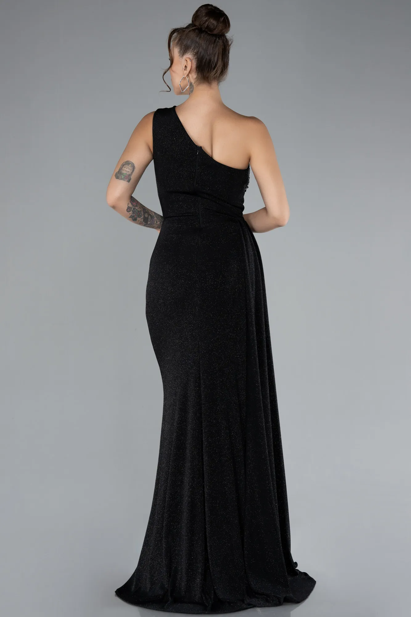 Black-Stoned One Shoulder Slit Long Glitter Evening Gown ABU4307