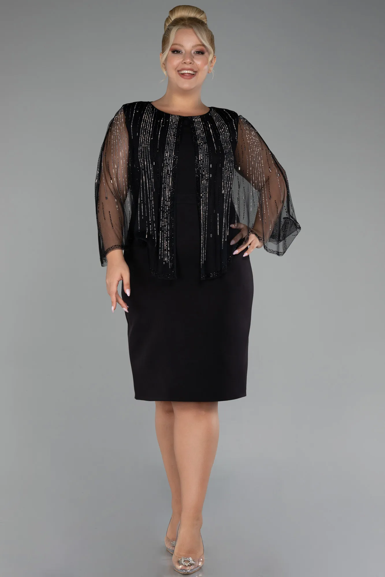 Black-Stoned Shawl Sleeve Midi Plus Size Invitation Dress ABK2126