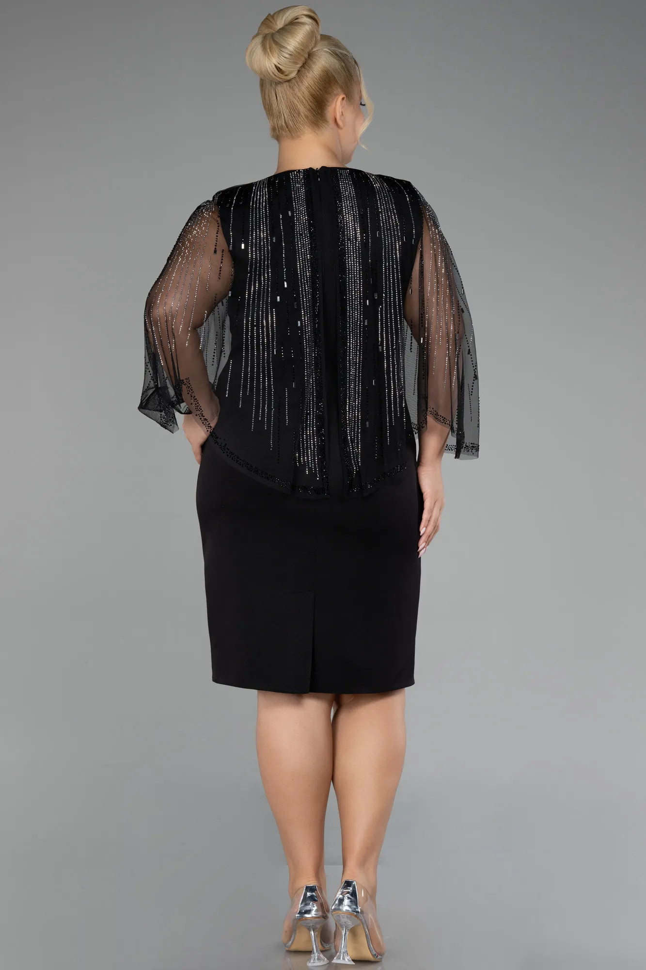 Black-Stoned Shawl Sleeve Midi Plus Size Invitation Dress ABK2126