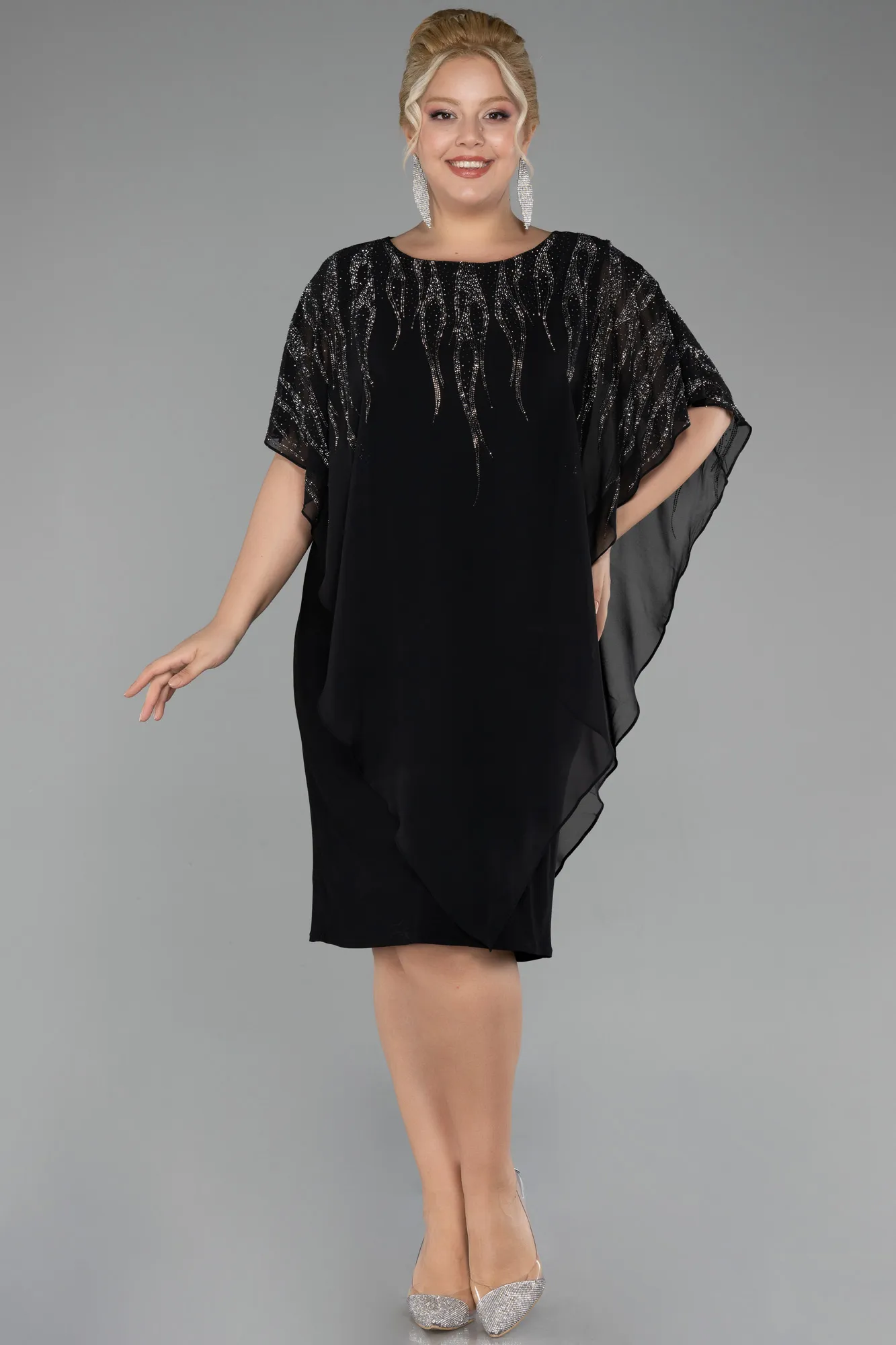 Black-Stoned Short Sleeve Chiffon Midi Plus Size Evening Dress ABK2133