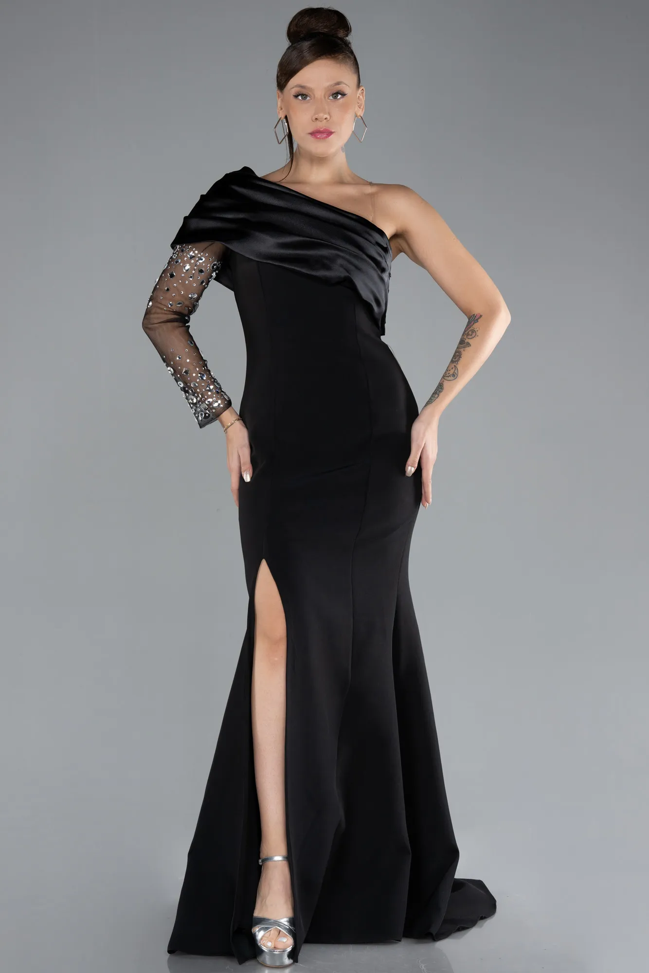 Black-Stoned Single Sleeve Slit Long Mermaid Prom Dress ABU4350