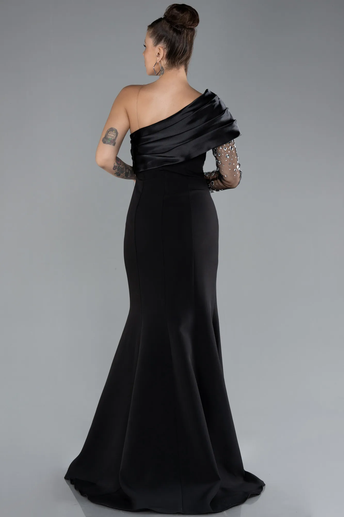 Black-Stoned Single Sleeve Slit Long Mermaid Prom Dress ABU4350