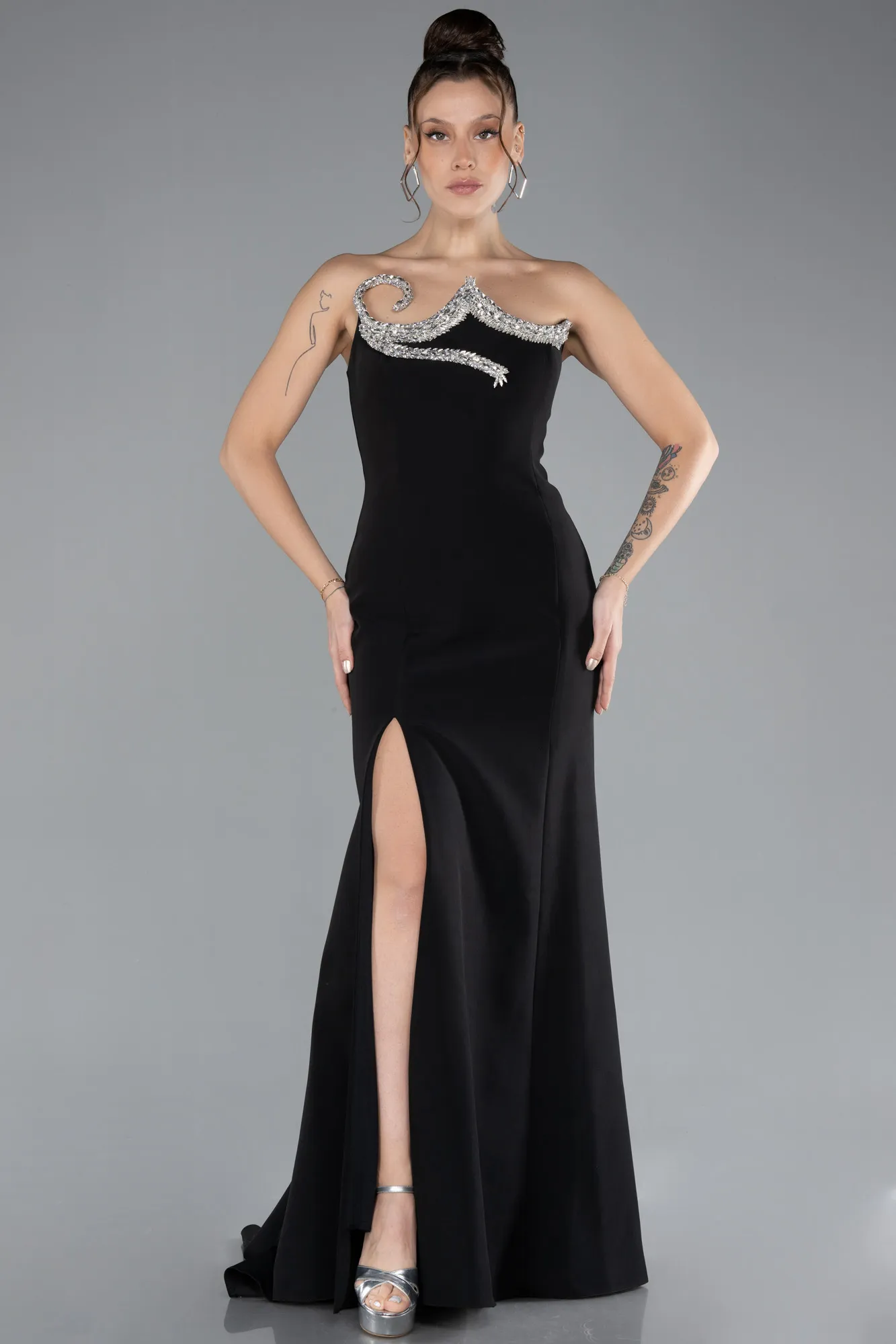 Black-Stoned Strapless Neckline Slit Long Evening Gown ABU4379