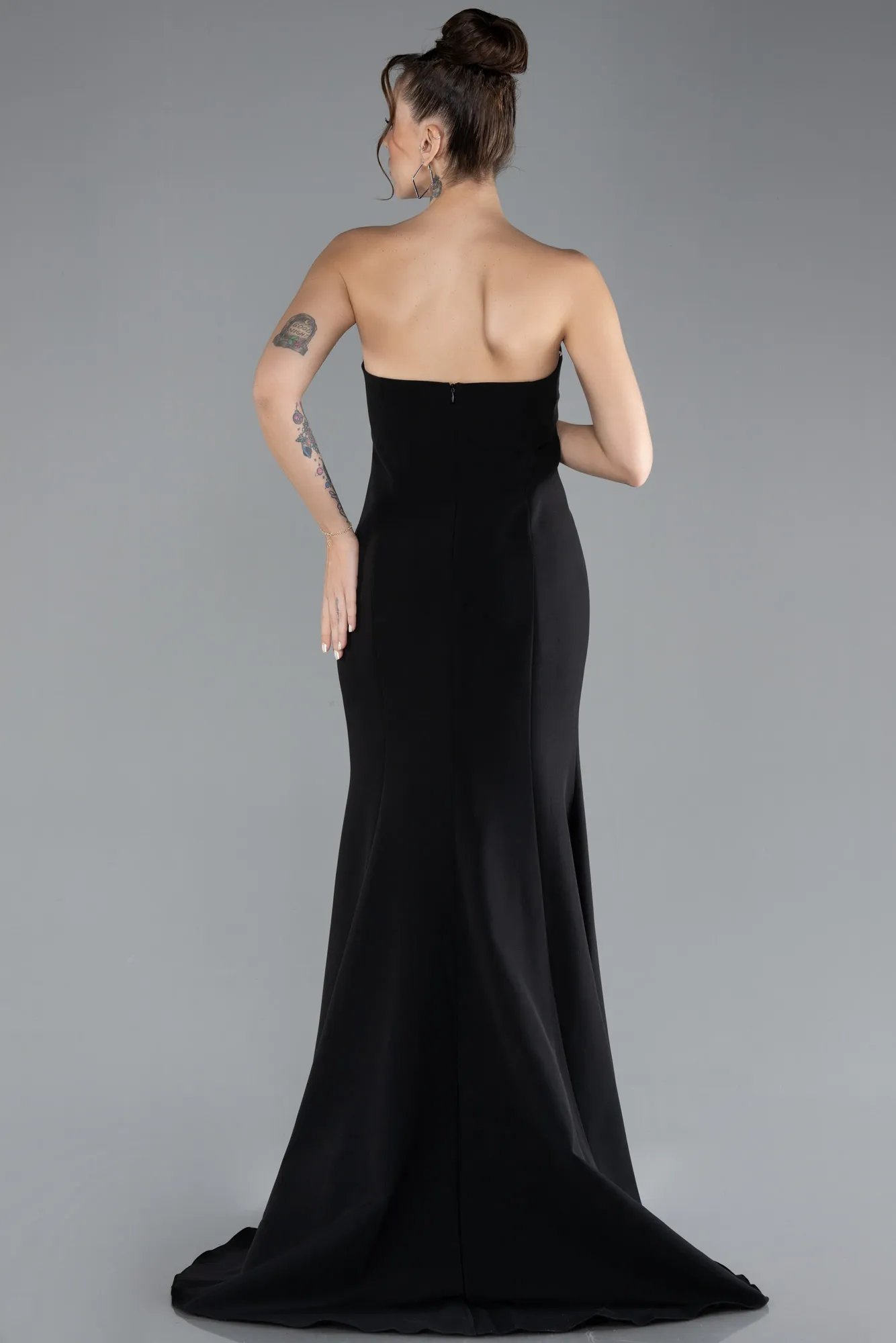 Black-Stoned Strapless Neckline Slit Long Evening Gown ABU4379