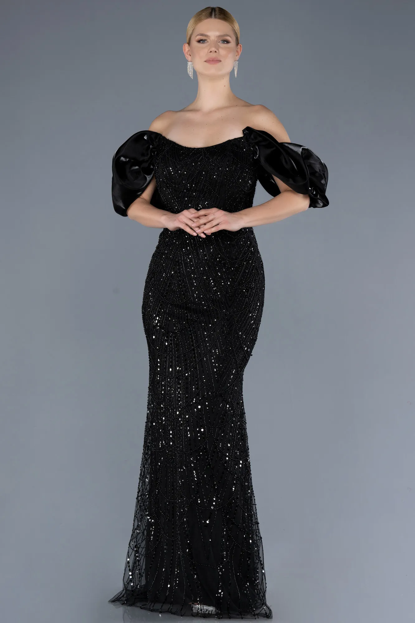 Black-Stoned Strapless Sleeve Accessories Long Mermaid Evening Gown ABU4509