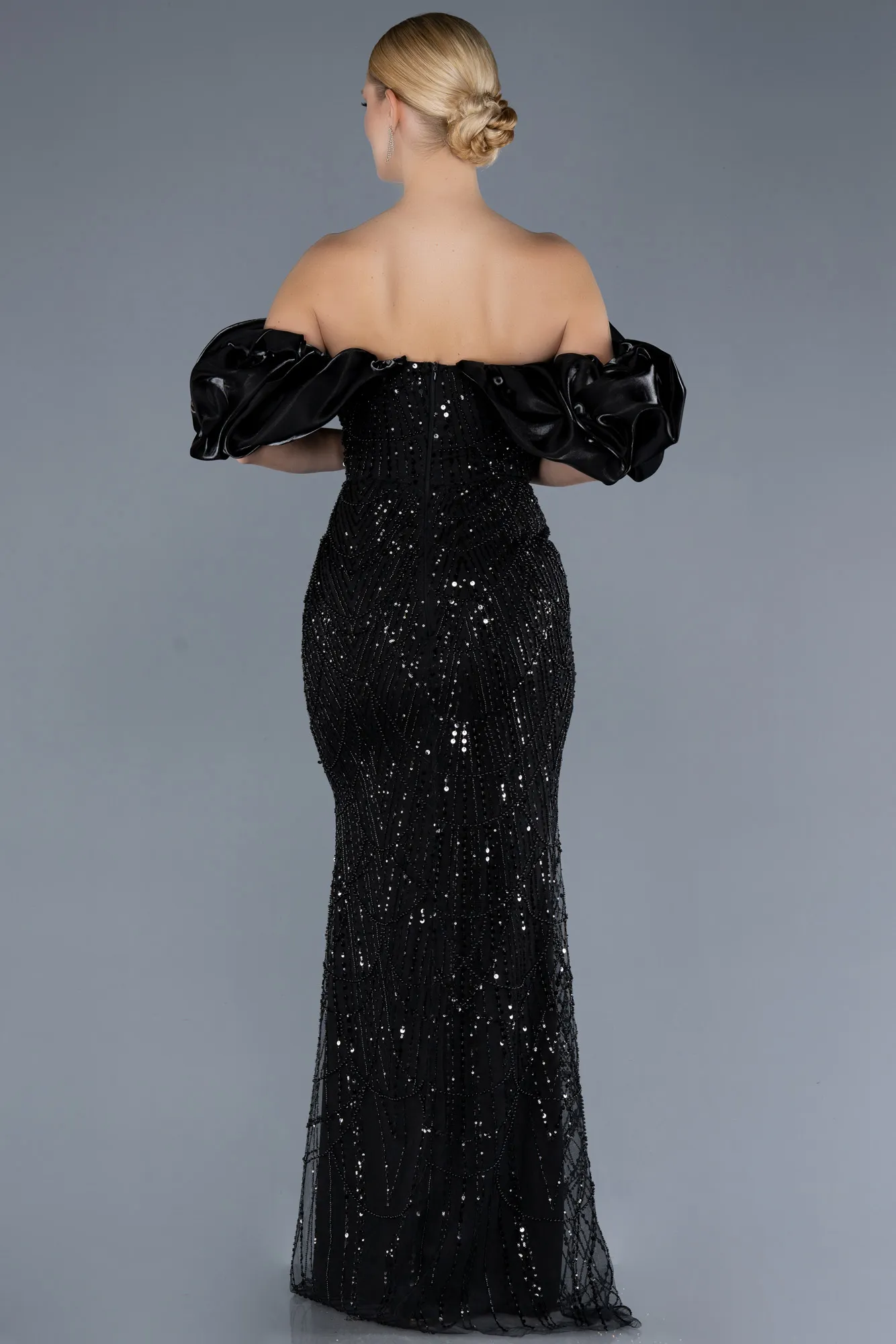 Black-Stoned Strapless Sleeve Accessories Long Mermaid Evening Gown ABU4509