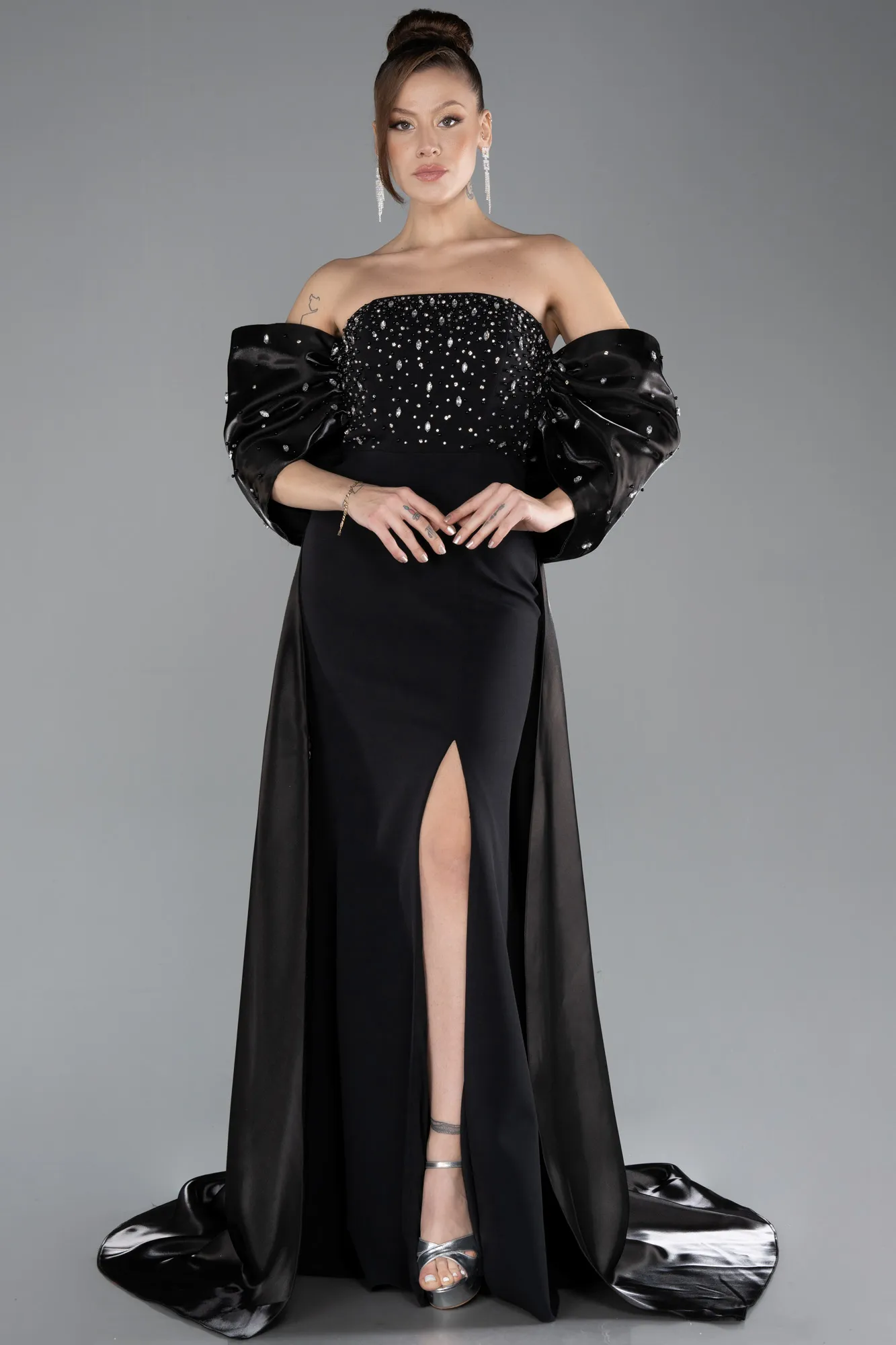 Black-Stoned Strapless Slit Tail Long Prom Evening Gown ABU4514