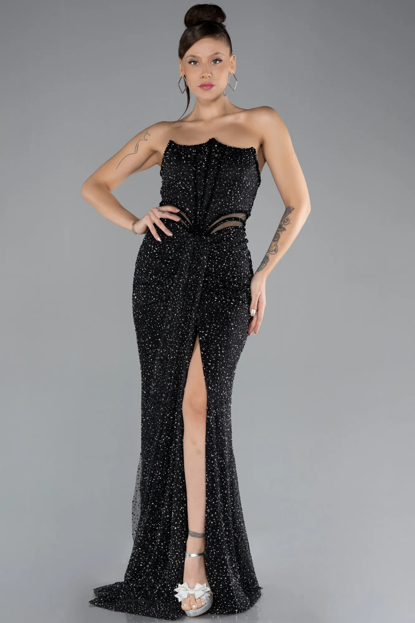 Black-Straleless Slit Long Stone Evening Gown ABU4352