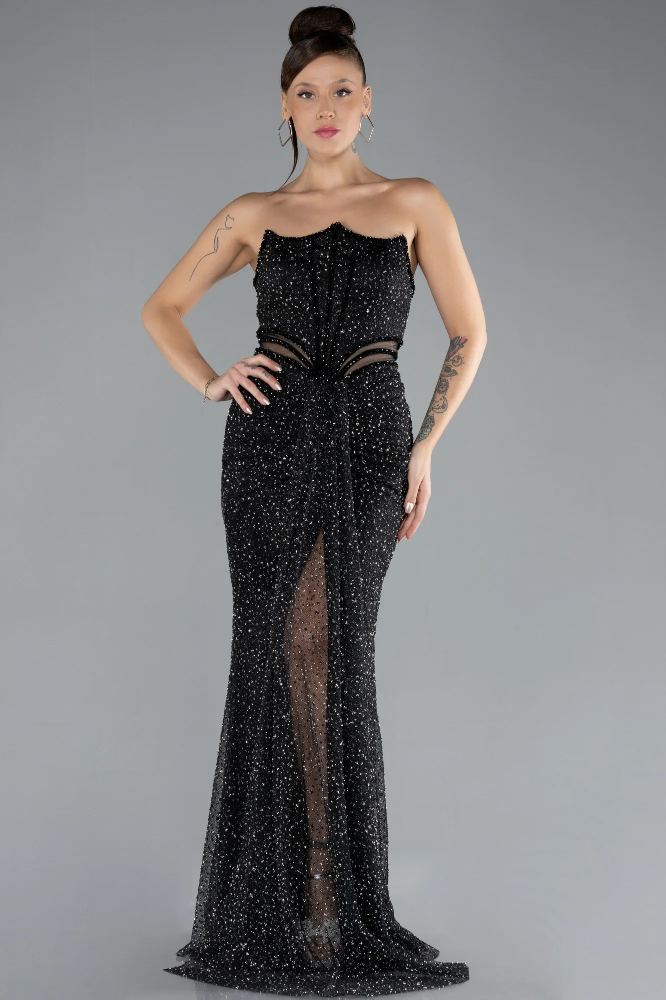 Black-Straleless Slit Long Stone Evening Gown ABU4352