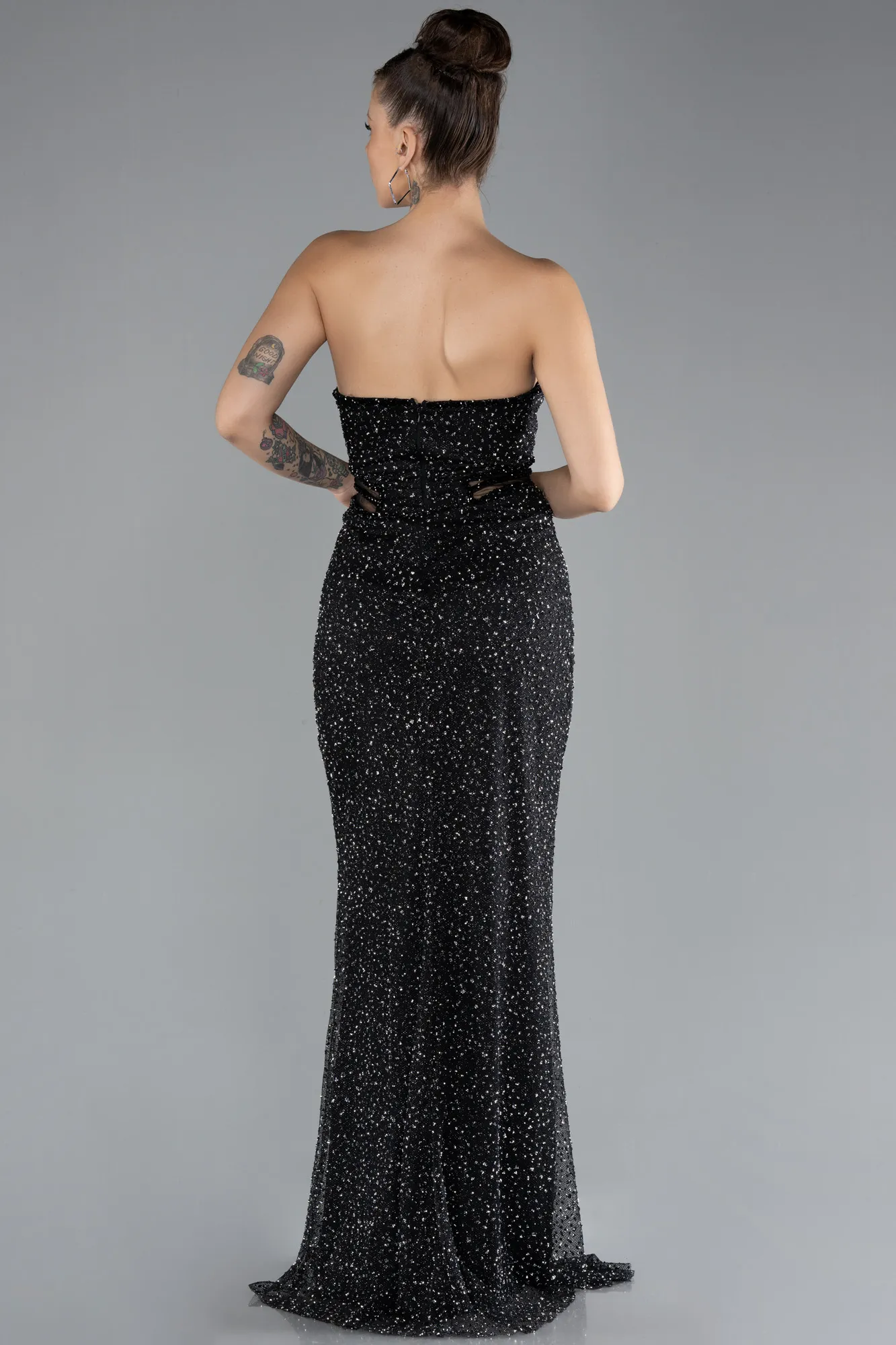 Black-Straleless Slit Long Stone Evening Gown ABU4352