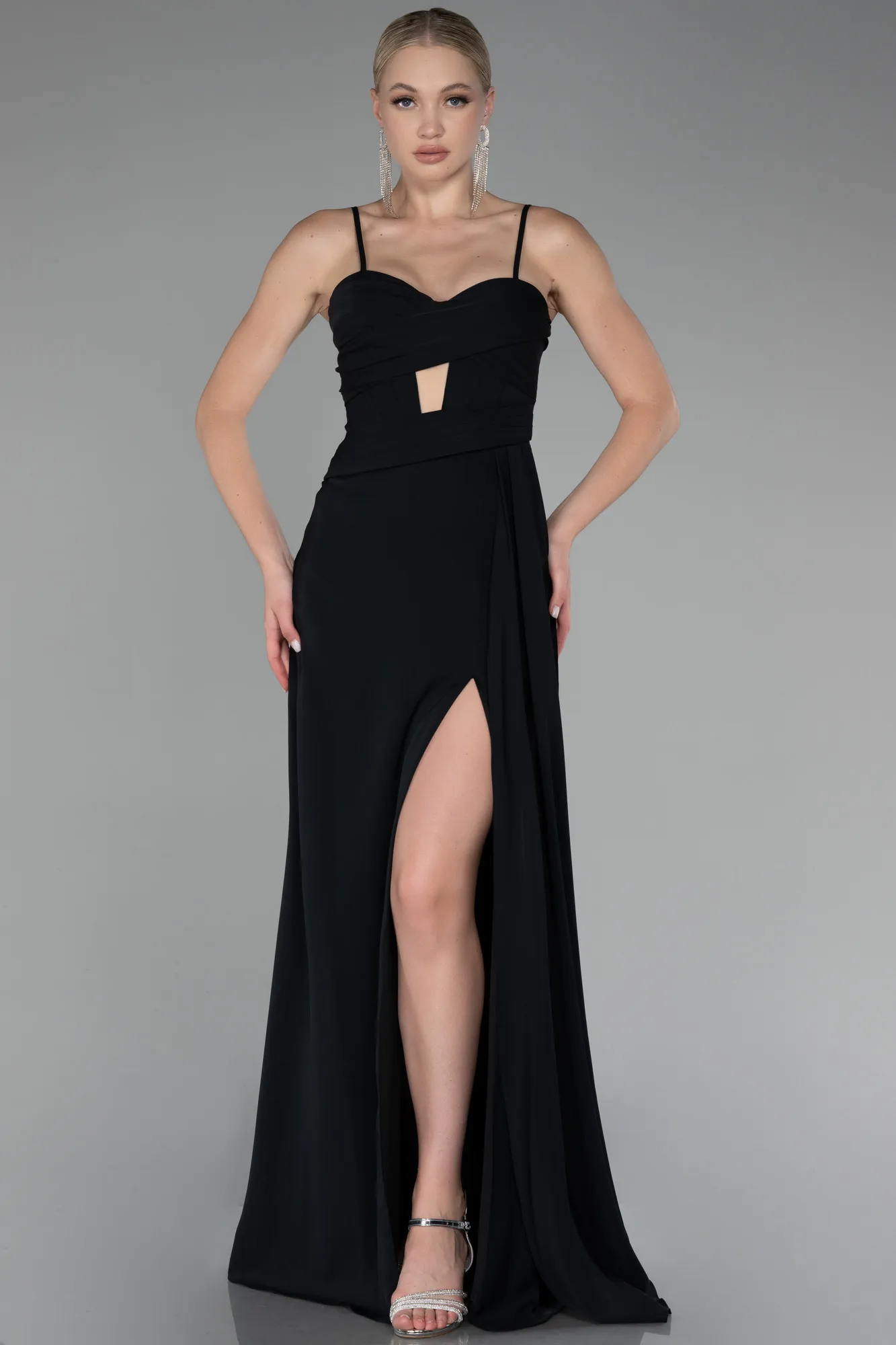 Black-Strap Slit Long Chiffon Evening Dress ABU4118