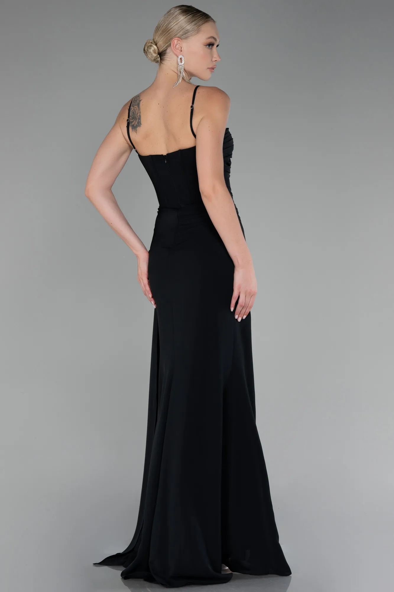 Black-Strap Slit Long Chiffon Evening Dress ABU4118