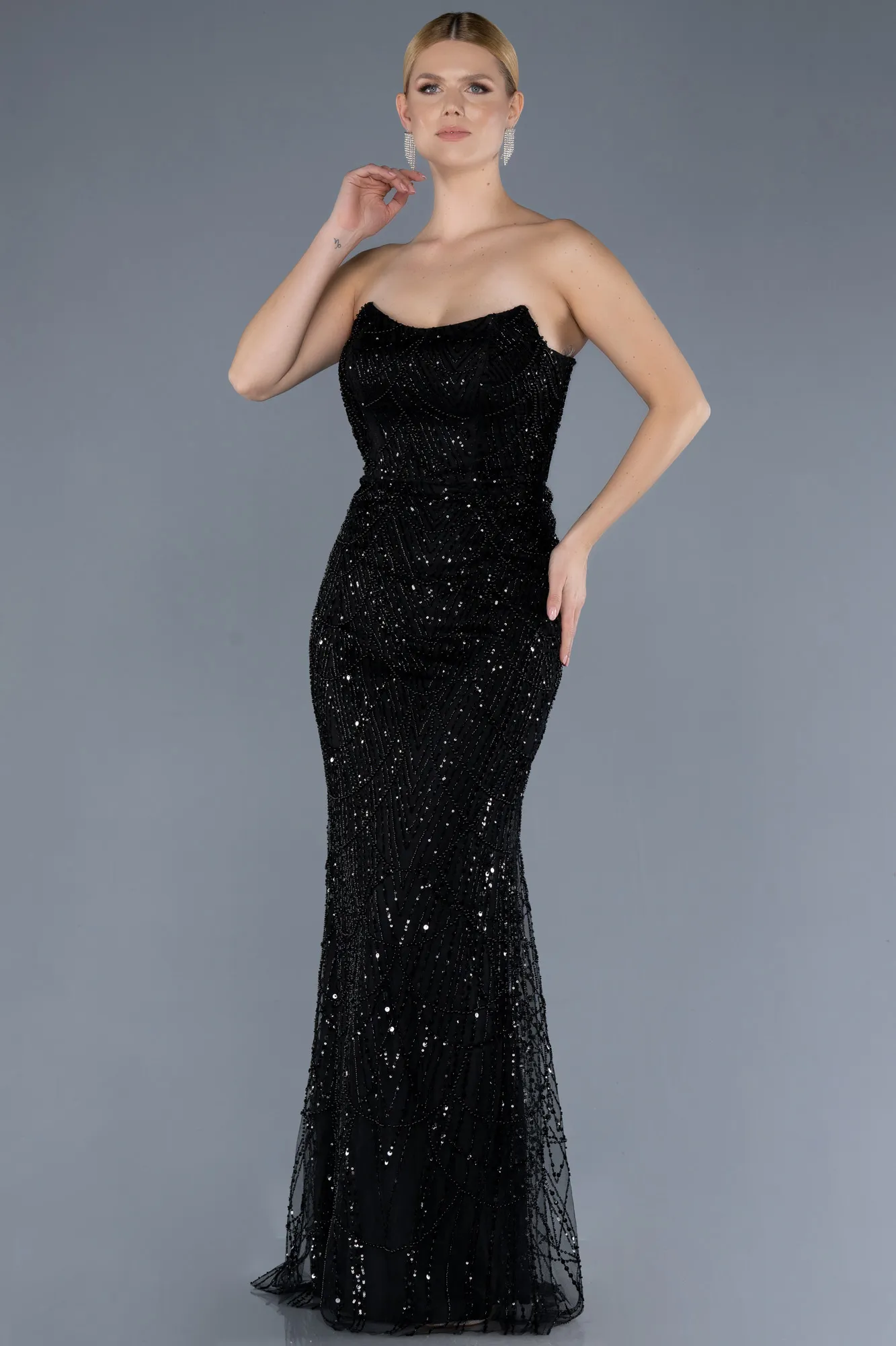 Black-Strapless Beaded Long Mermaid Evening Gown ABU4563