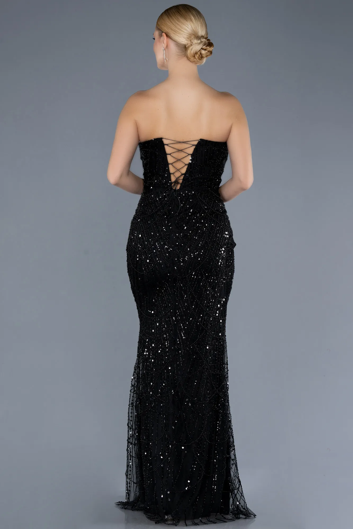 Black-Strapless Beaded Long Mermaid Evening Gown ABU4563