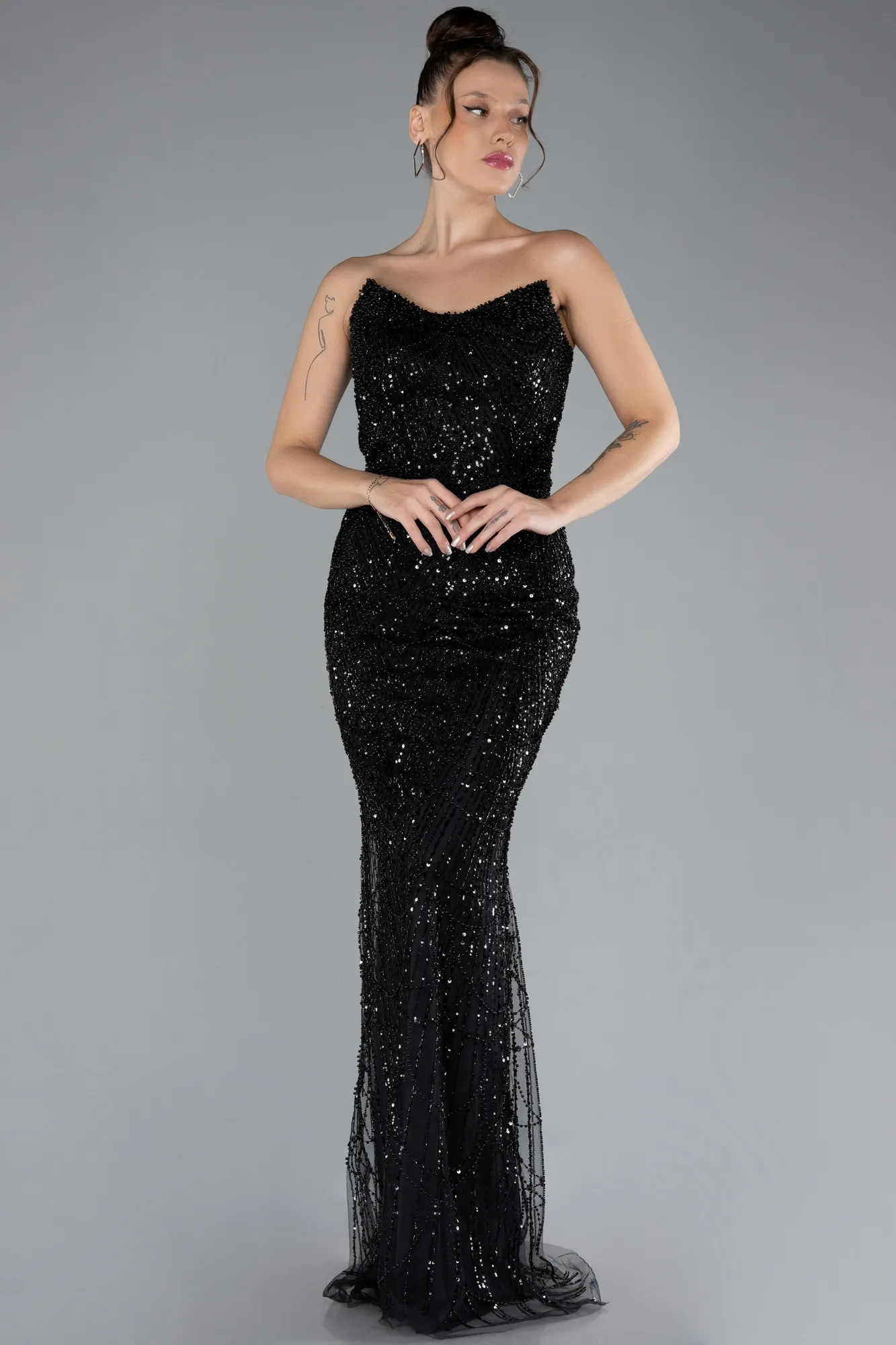 Black-Strapless Long Beaded Fishtail Evening Gown ABU4382