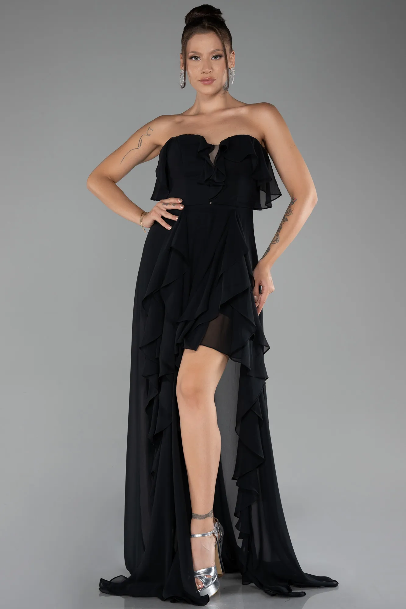 Black-Strapless Long Chiffon Prom Dress ABU3838