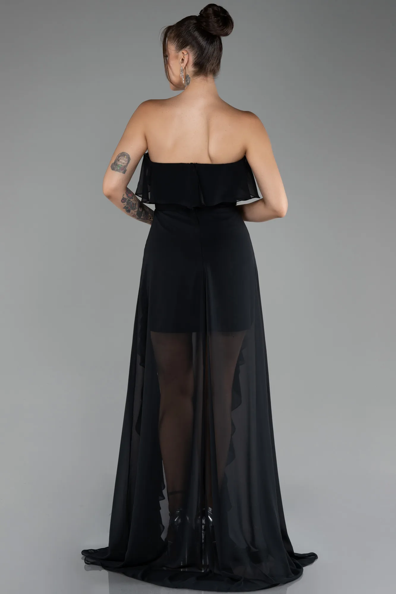 Black-Strapless Long Chiffon Prom Dress ABU3838