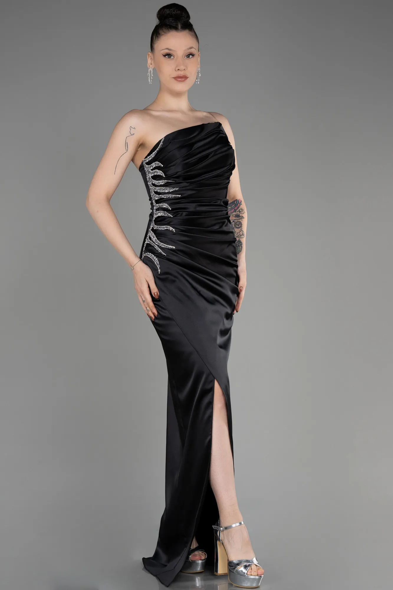 Black-Strapless Long Satin Evening Dress ABU3825