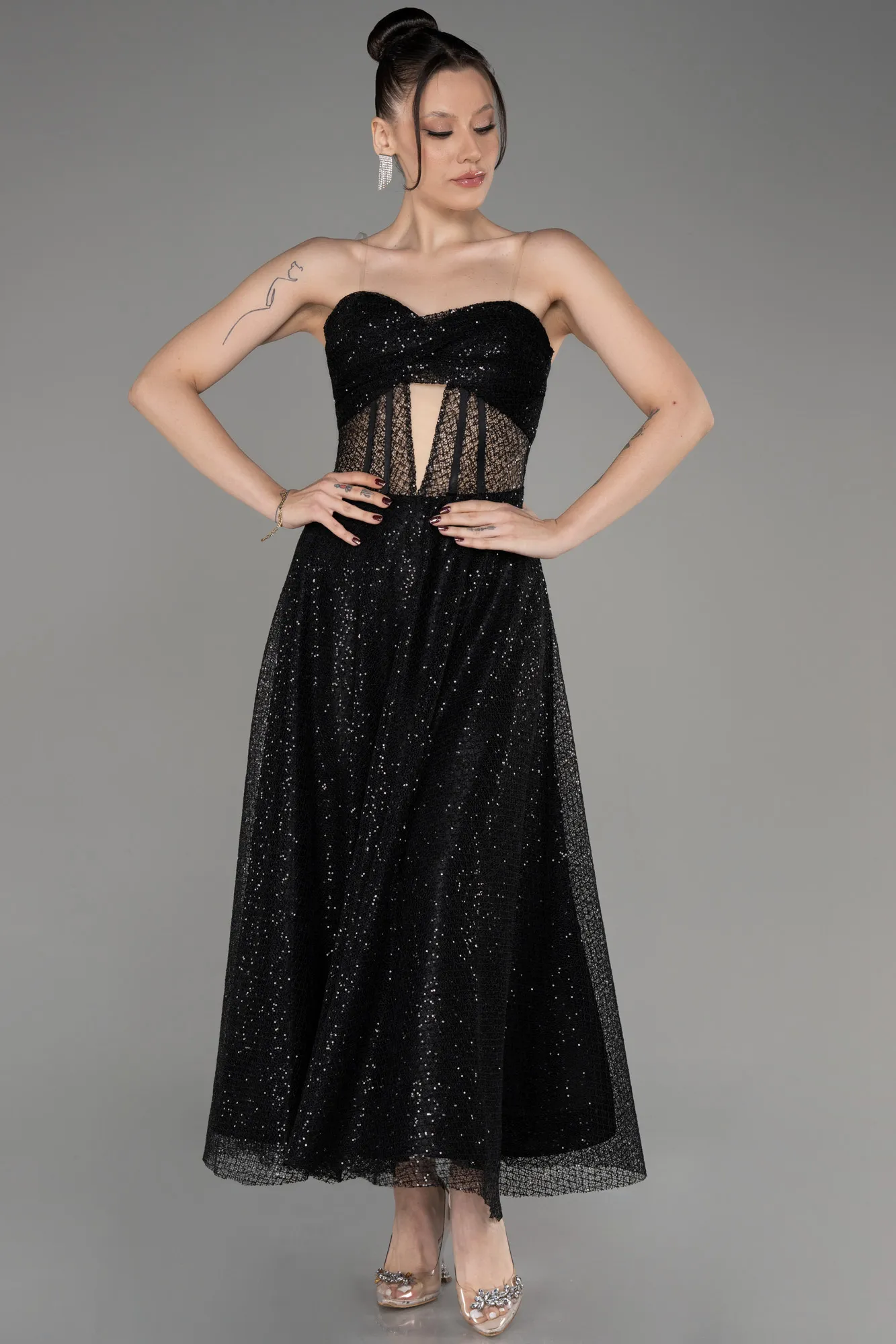 Black-Strapless Midi Dantelle Party Dress ABK2082