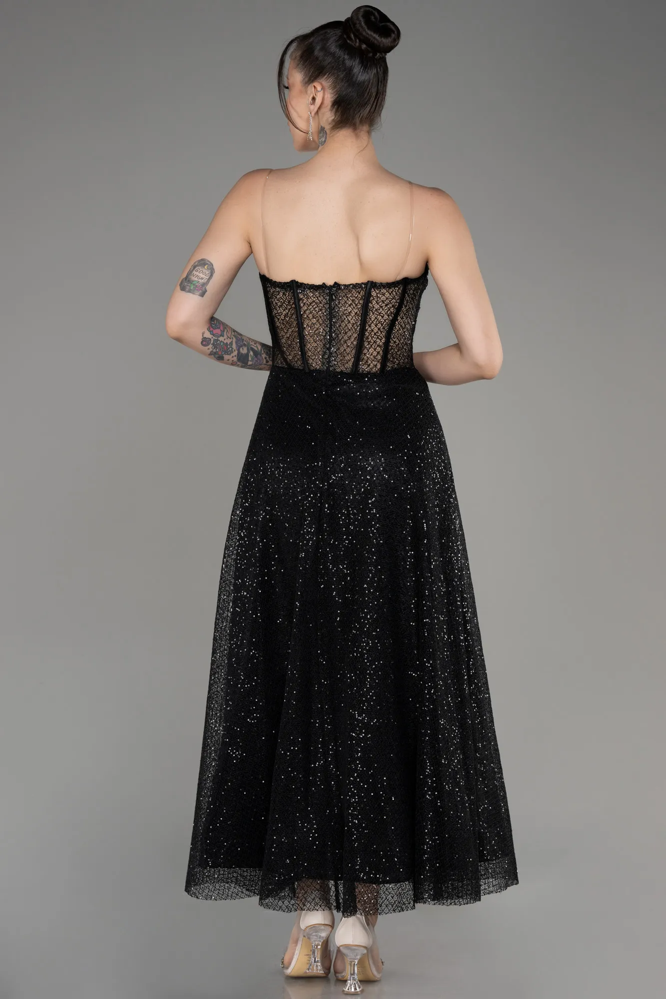 Black-Strapless Midi Dantelle Party Dress ABK2082