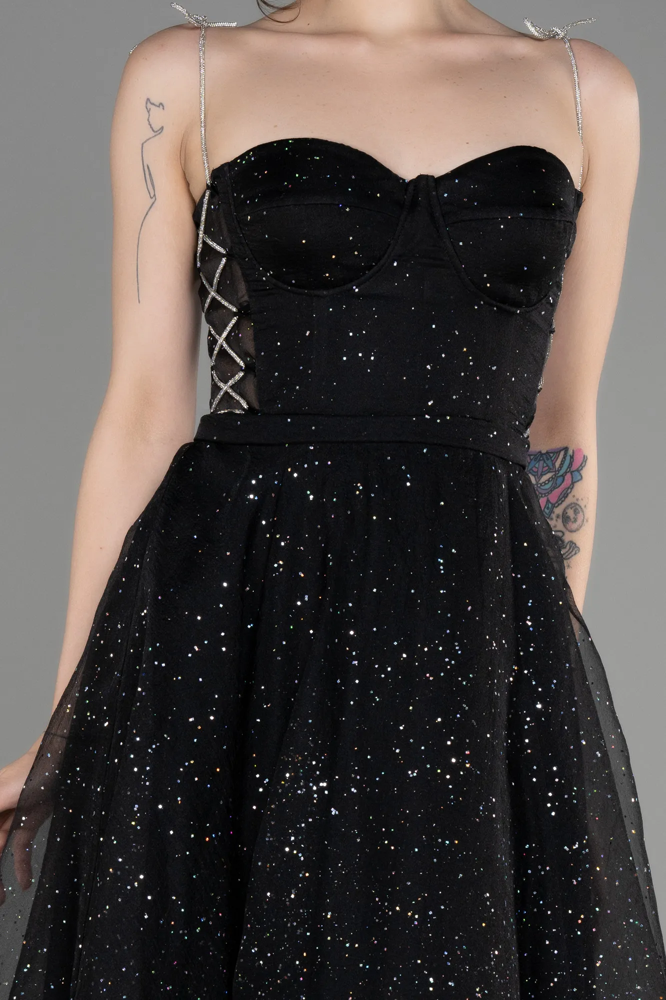 Black-Strapless Midi Glittery Cocktail Dress ABK2032
