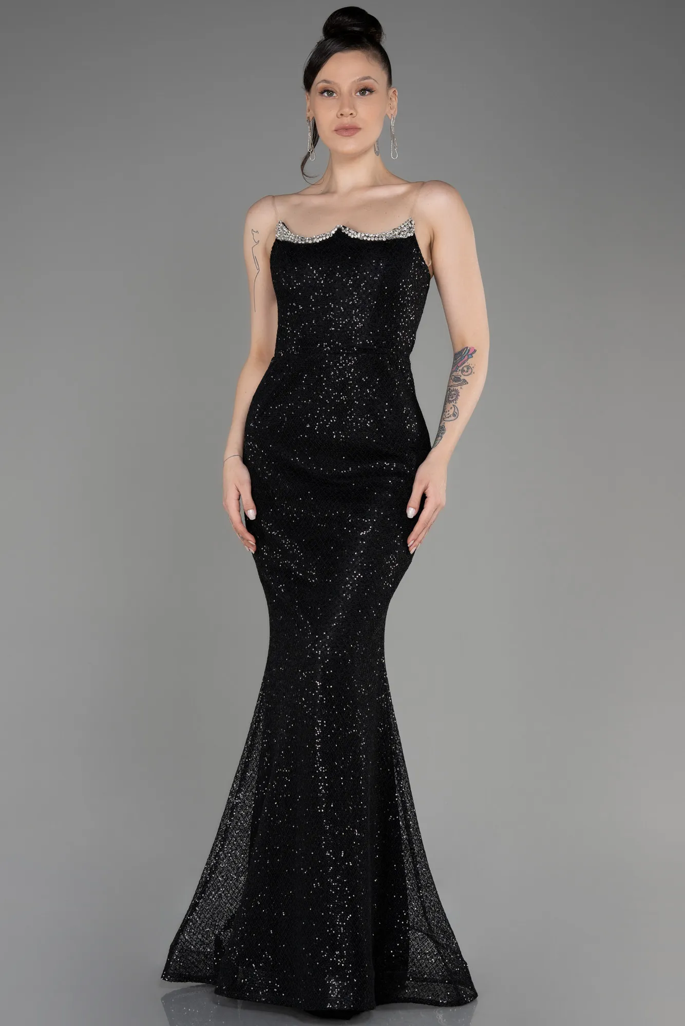 Black-Strapless Scaly Long Mermaid Evening Dress ABU3850