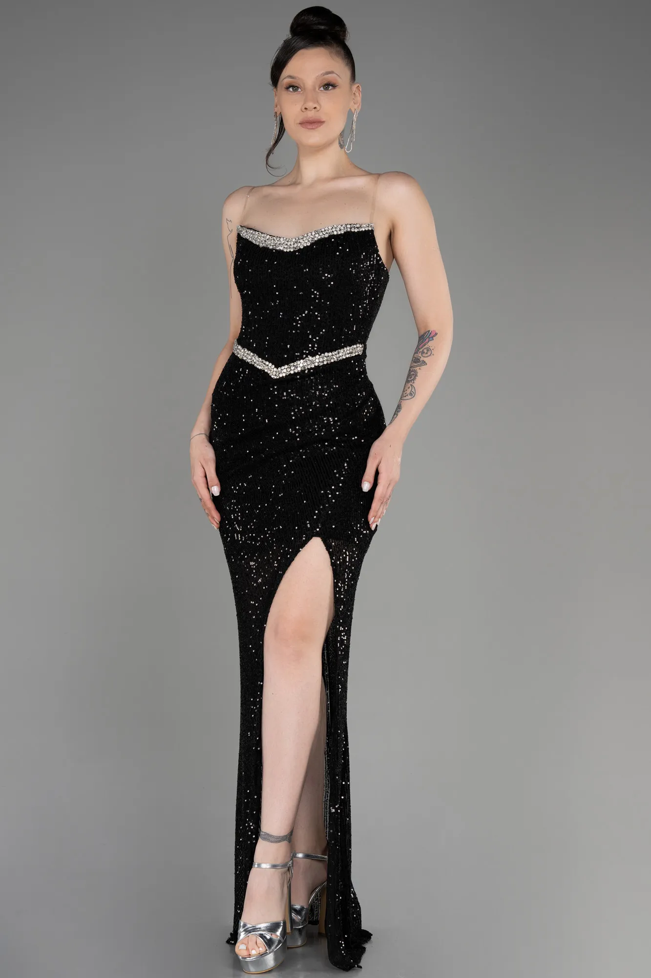 Black-Strapless Sequined Long Mermaid Evening Dress ABU3849