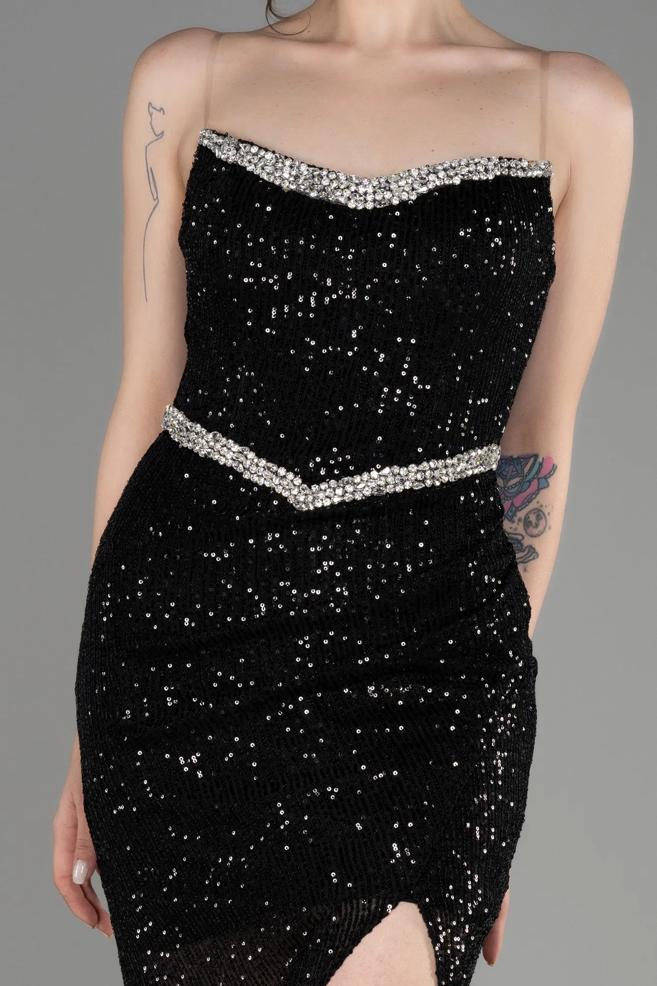 Black-Strapless Sequined Long Mermaid Evening Dress ABU3849