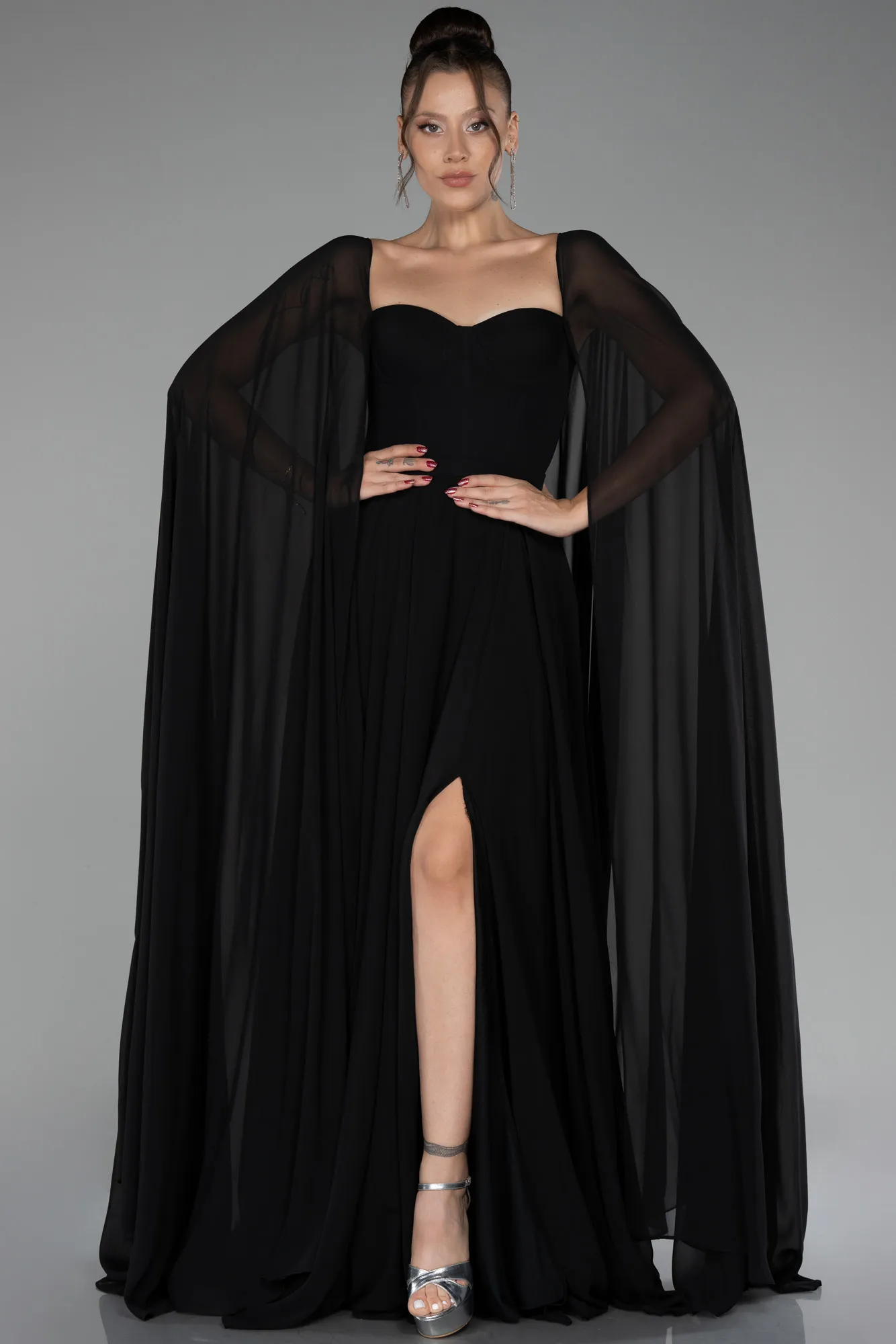 Black-Strapless Shawl Sleeve Long Chiffon Evening Dress ABU4158