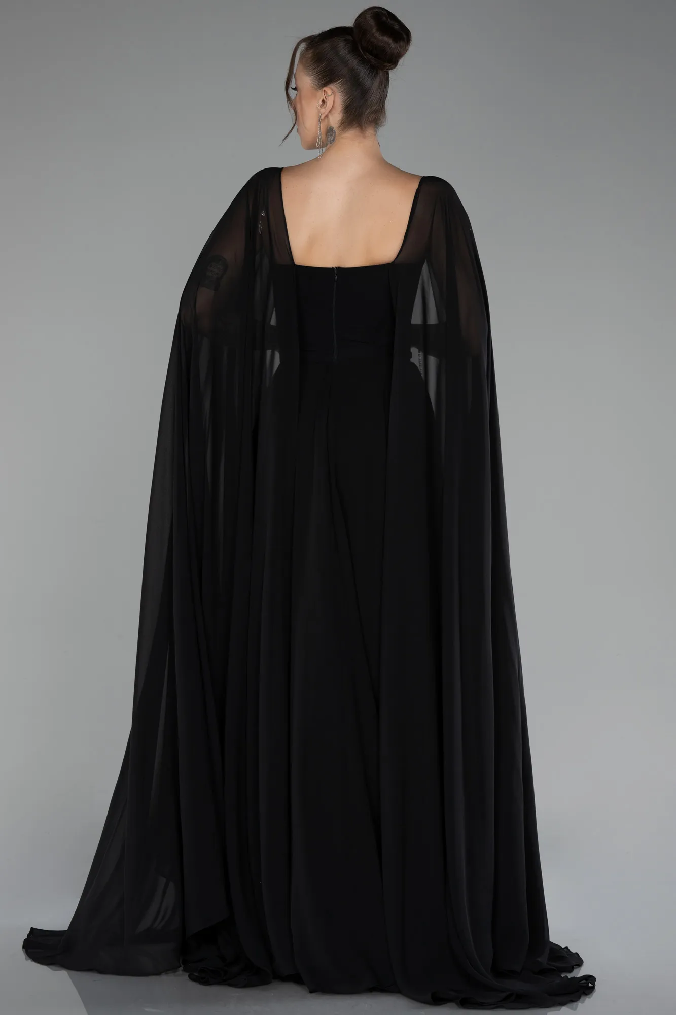 Black-Strapless Shawl Sleeve Long Chiffon Evening Dress ABU4158