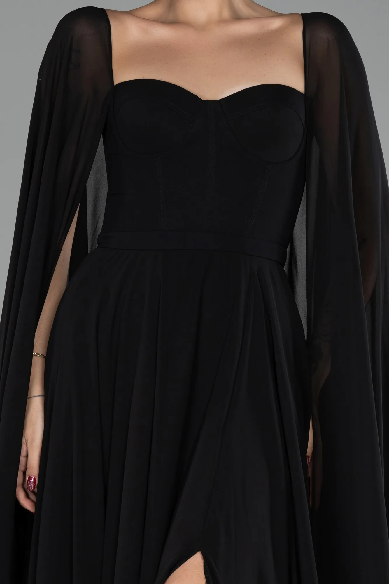 Black-Strapless Shawl Sleeve Long Chiffon Evening Dress ABU4158